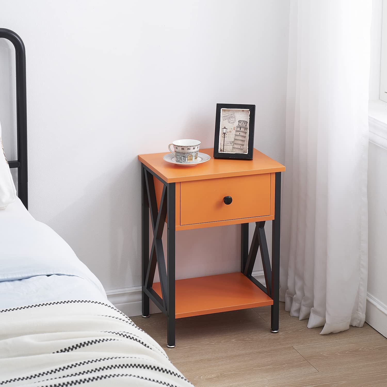 VECELO Night Stands Bedside End Table X-Design with Drawer&Storage Shelf for Living Room Bedroom, Nightstand with Drawer