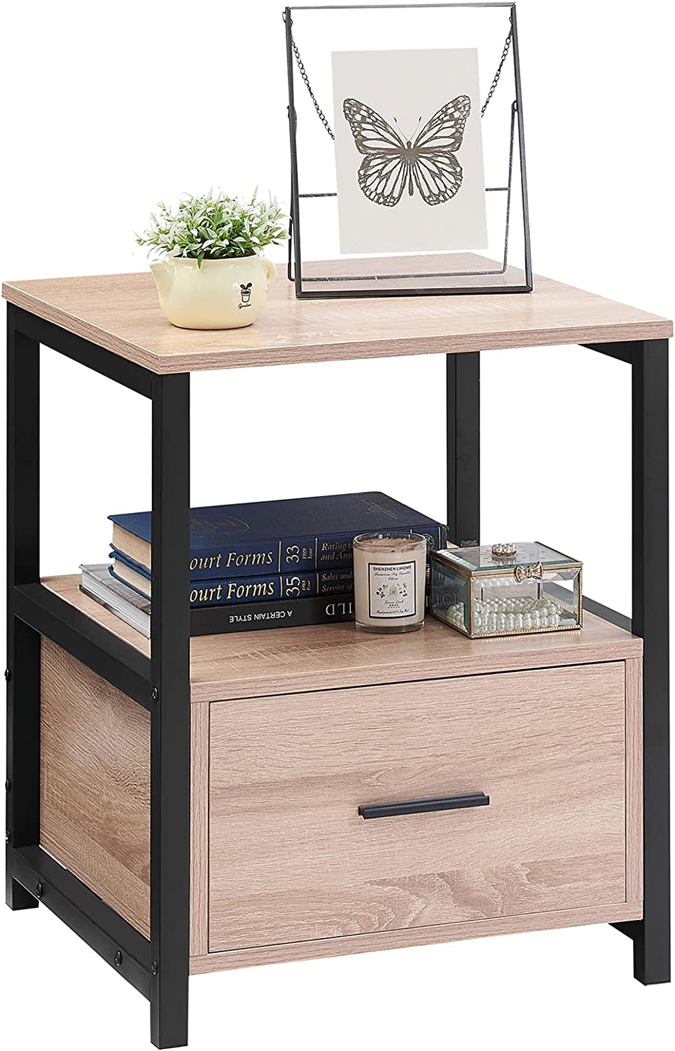 VECELO Nightstand/End/Bedside Table with Storage Drawer and Open Shelf with Steel Frame for Bedroom