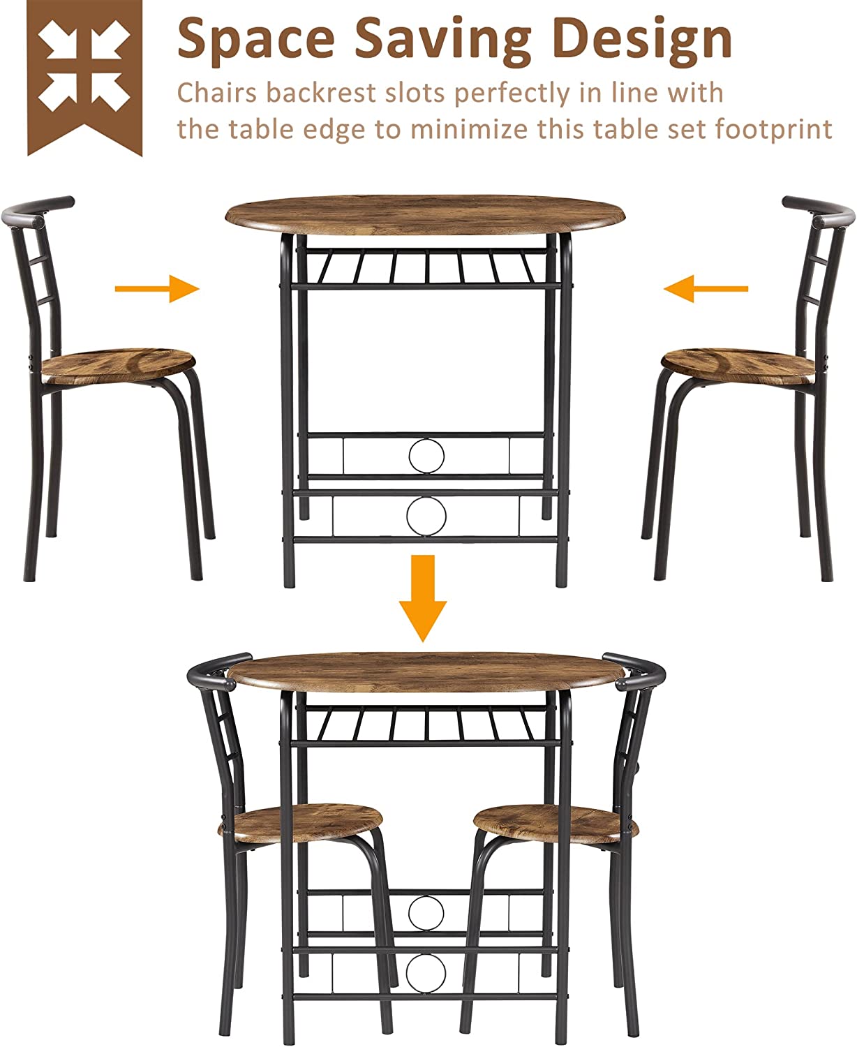 VECELO 3 Piece Small Round Dining Table Set for Kitchen Breakfast Nook, Wood Grain Tabletop with Wine Storage Rack