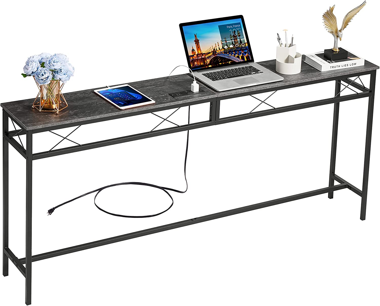 VECELO Extra Long Narrow Sofa/Console Table with Charging Station & Power Outlet and USB Ports, for Entryway