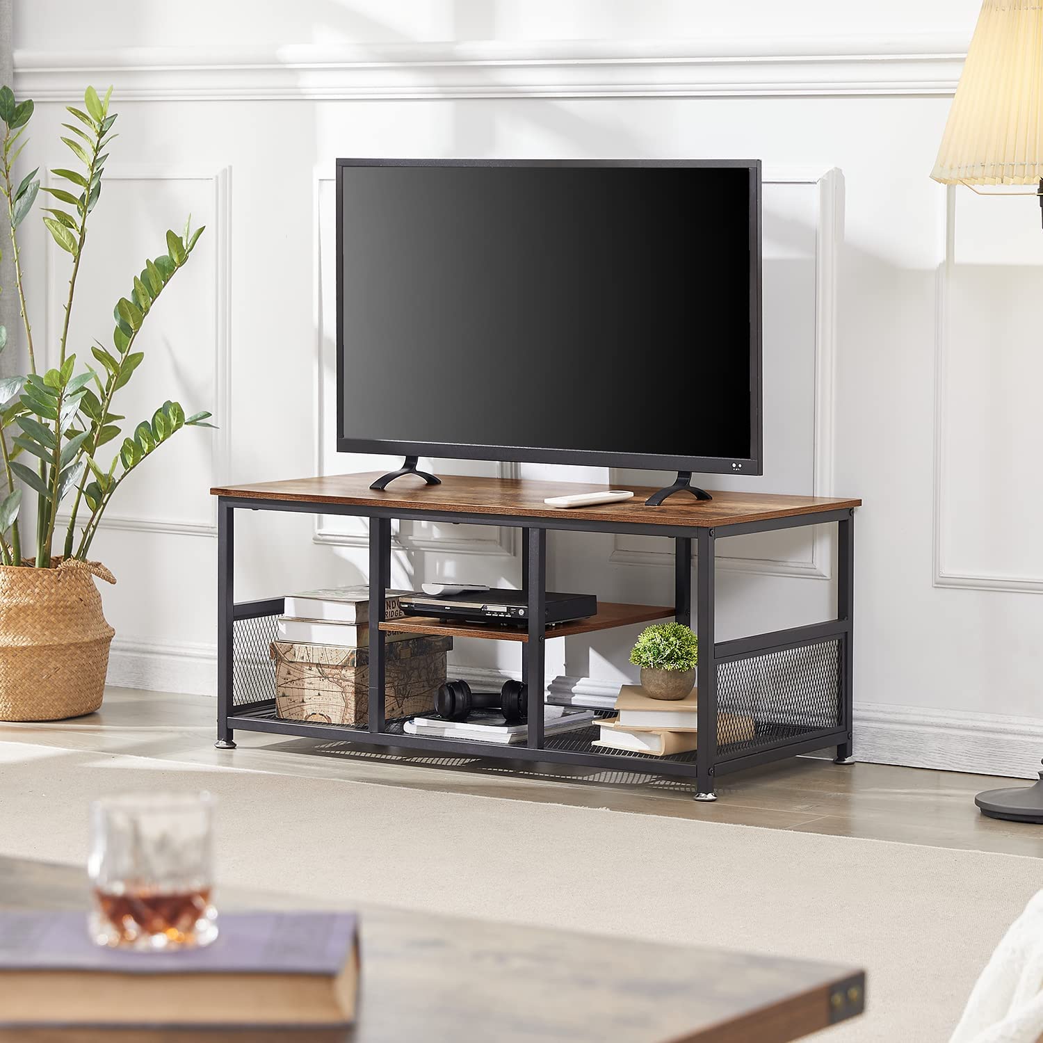 VECELO 39.4 Inch TV Stand/Coffee Table with Storage and Mesh Shelf for Living Room