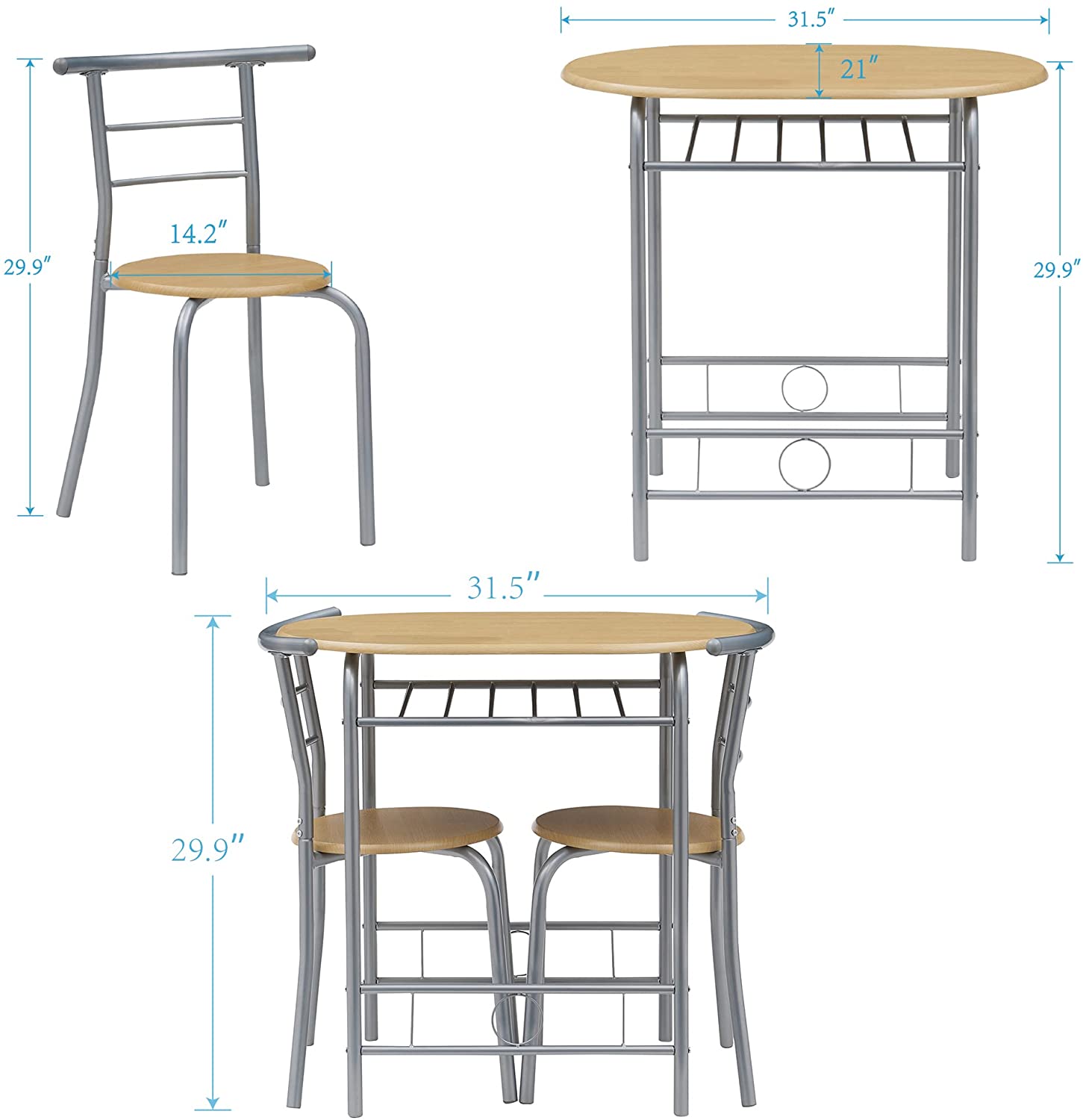 3-Piece Bar Table Set/Round Tabletop & Chair
