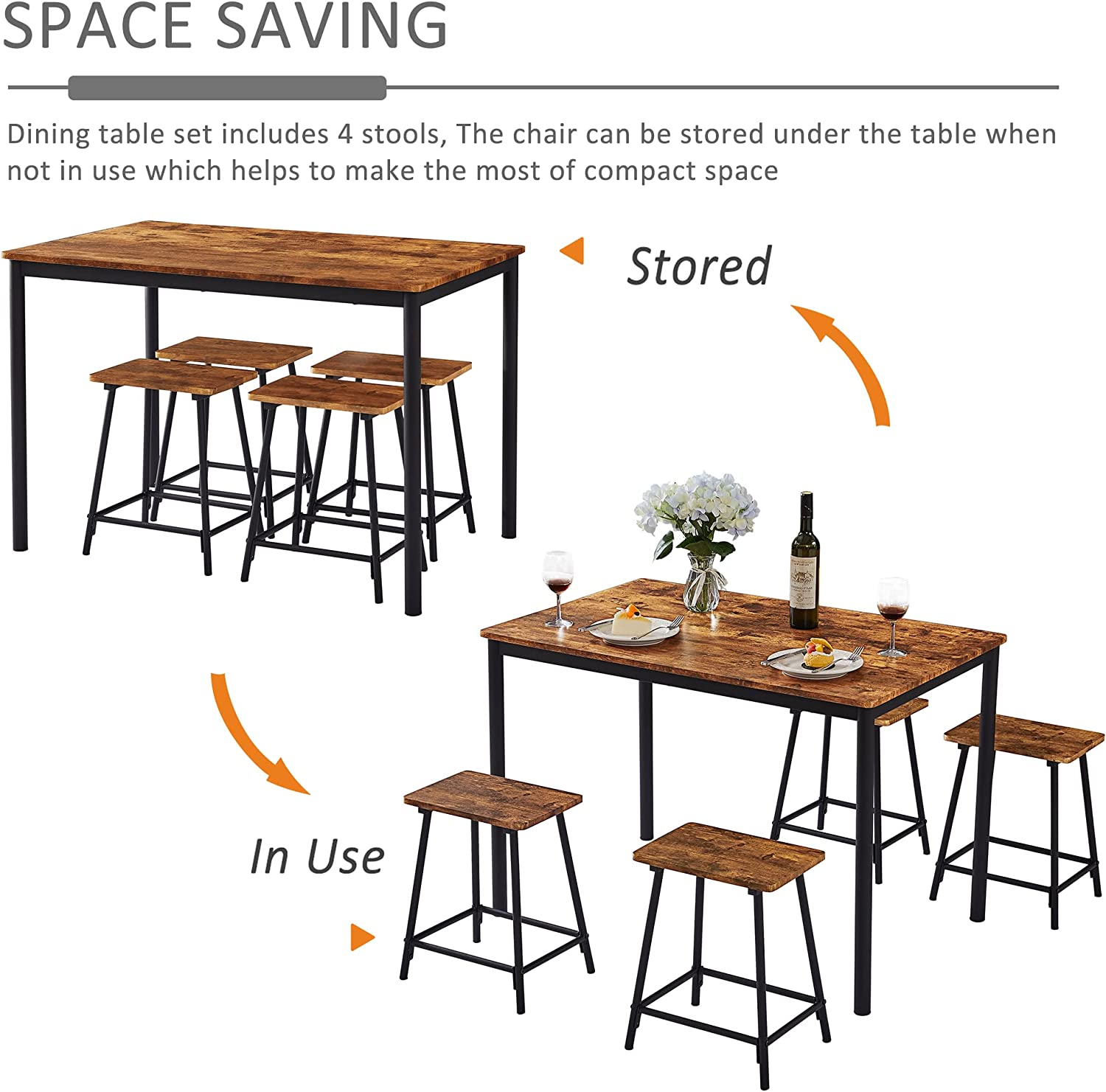 VECELO 5-Piece Dining Table Set Rectangular Bar Dinette Metal and Wood Kitchen Furniture with 4 Stools
