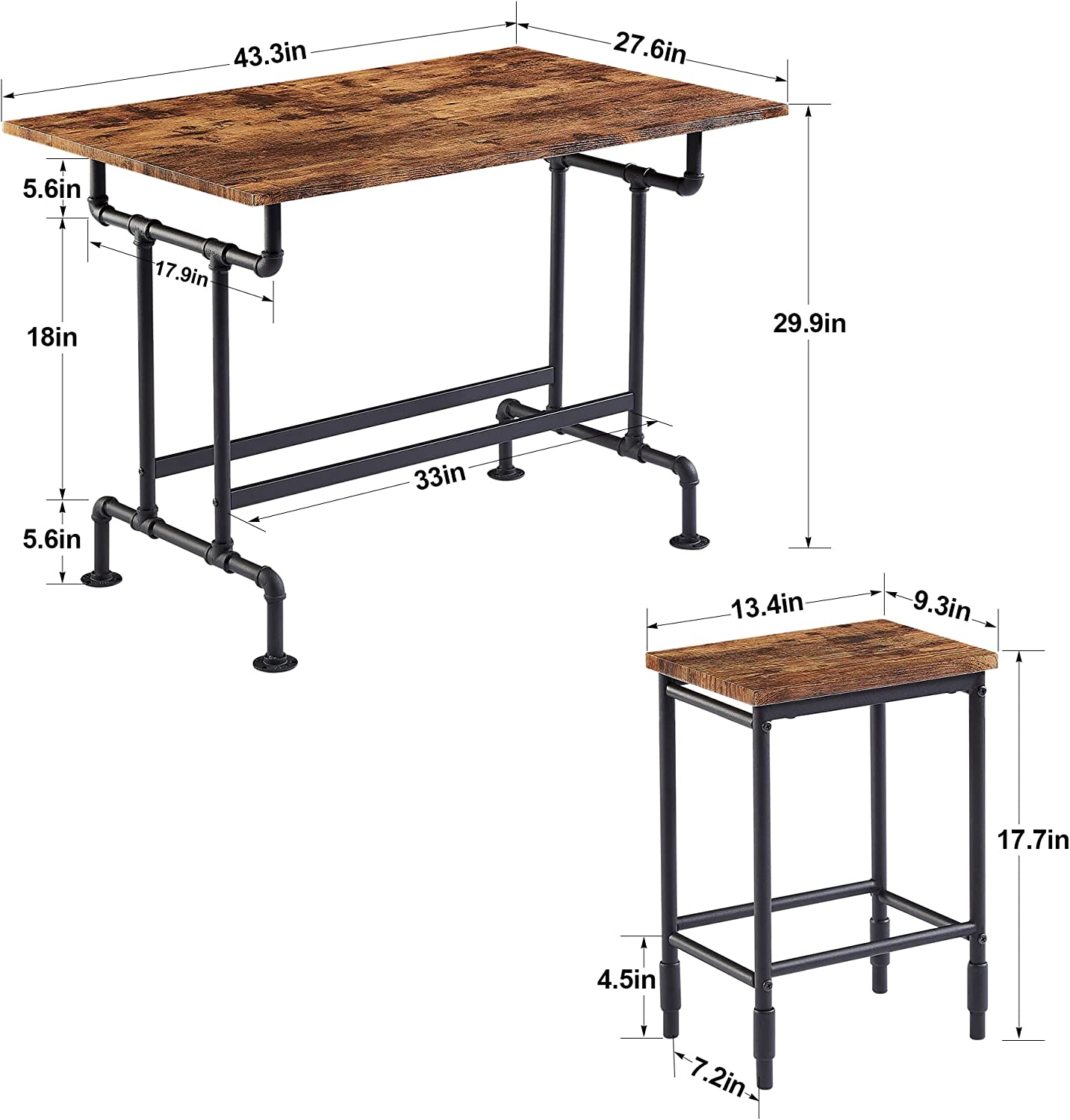 VECELO Farmhouse Dining Table Set for 4 Kitchen Industrial Bar Dinette with Rectangular Tabletop