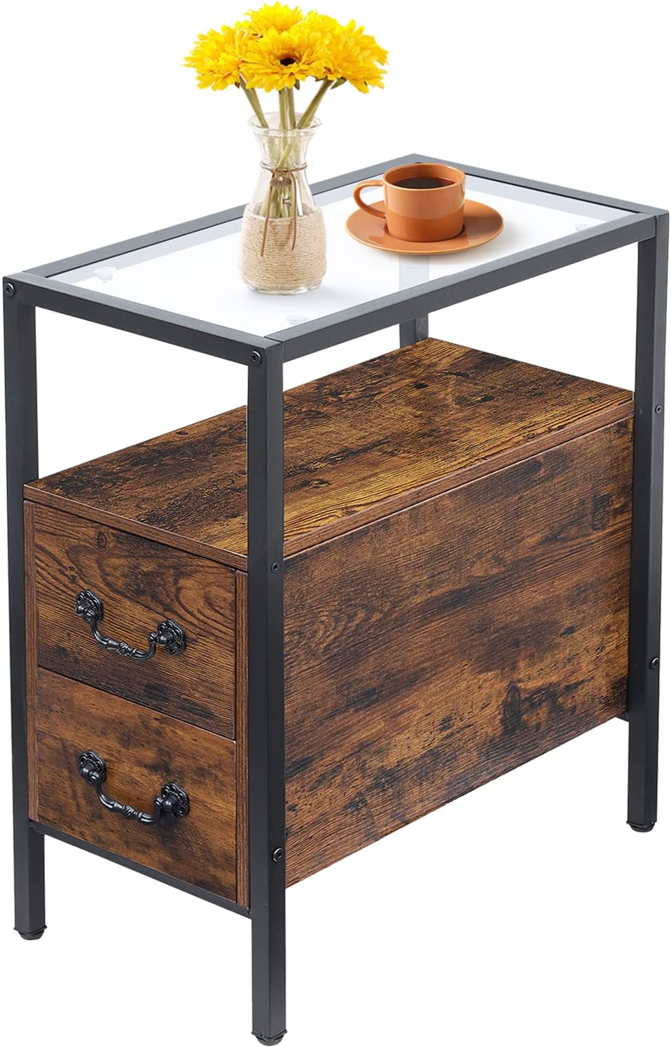 VECELO Narrow End Side Table/Nightstand with 2 Drawers & Open Shelf & Tempered Glass Top For Living/Bed Room