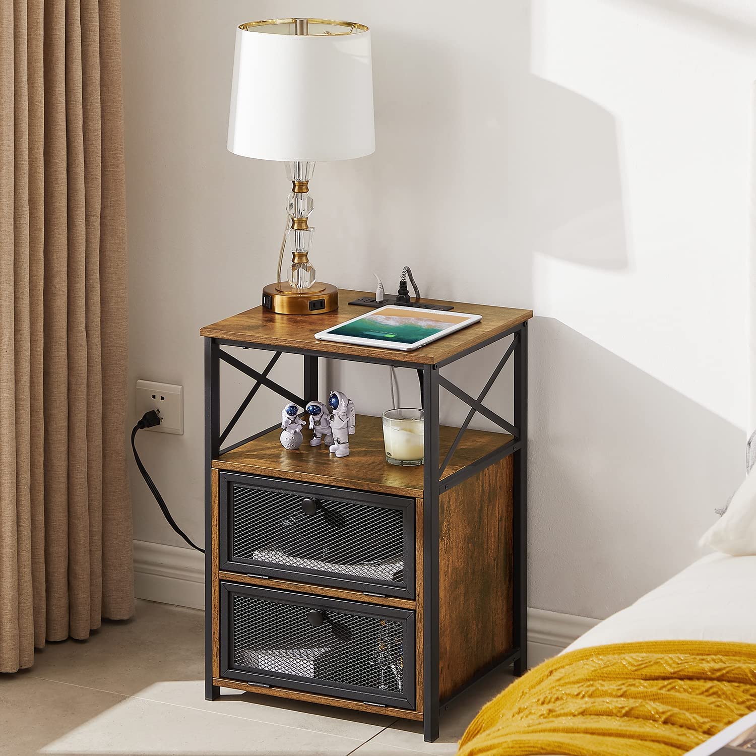 VECELO End Side Tables with Charging Station,Nightstand with 2 Flip Drawers and USB Ports & Power Outlets