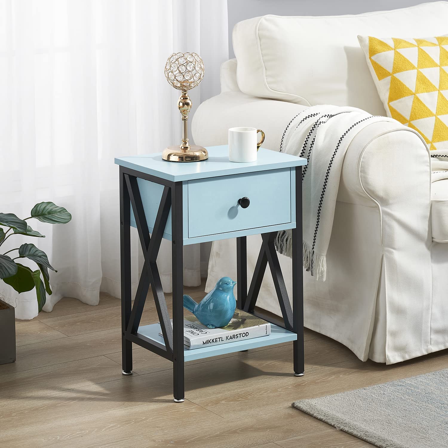 VECELO Night Stands Bedside End Table X-Design with Drawer&Storage Shelf for Living Room Bedroom, Nightstand with Drawer