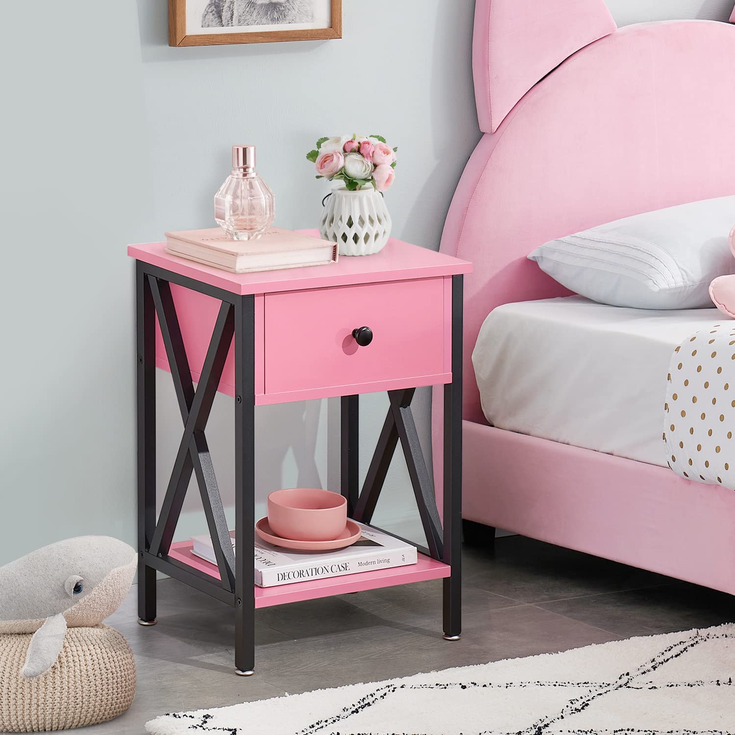 VECELO Night Stands Bedside End Table X-Design with Drawer&Storage Shelf for Living Room Bedroom, Nightstand with Drawer
