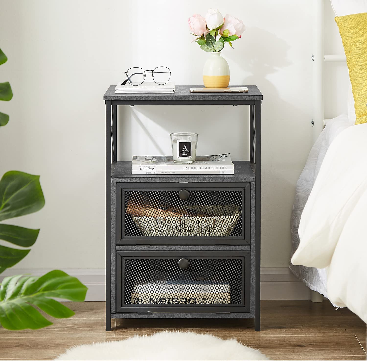 Modern Nightstand/End Side Table with Storage Space & Flip Drawer
