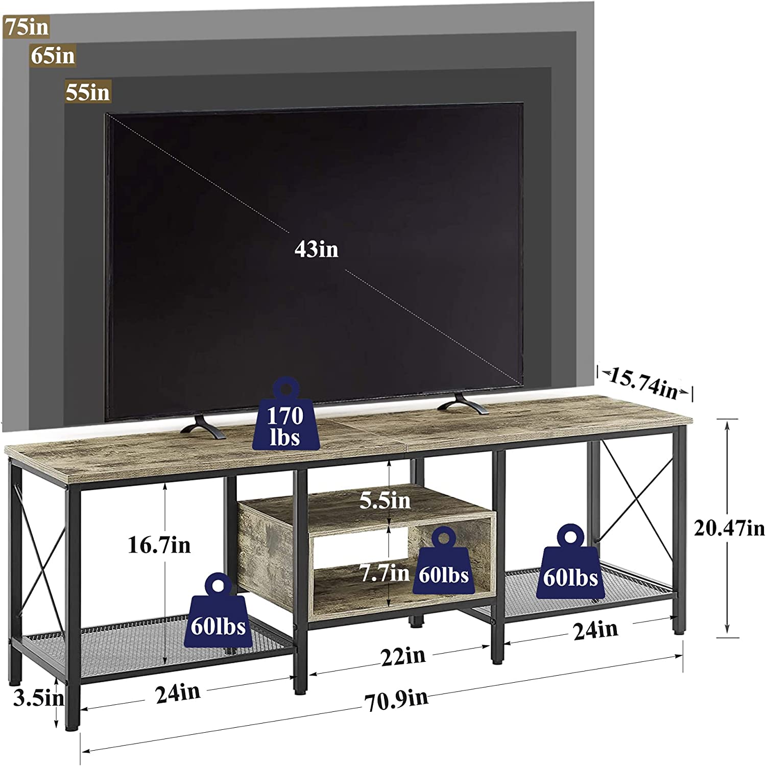 VECELO Industrial TV Stand Television Cabinet 3-Tier Console with Open Storage Shelves, Entertainment Center with Metal Frame for Living Room