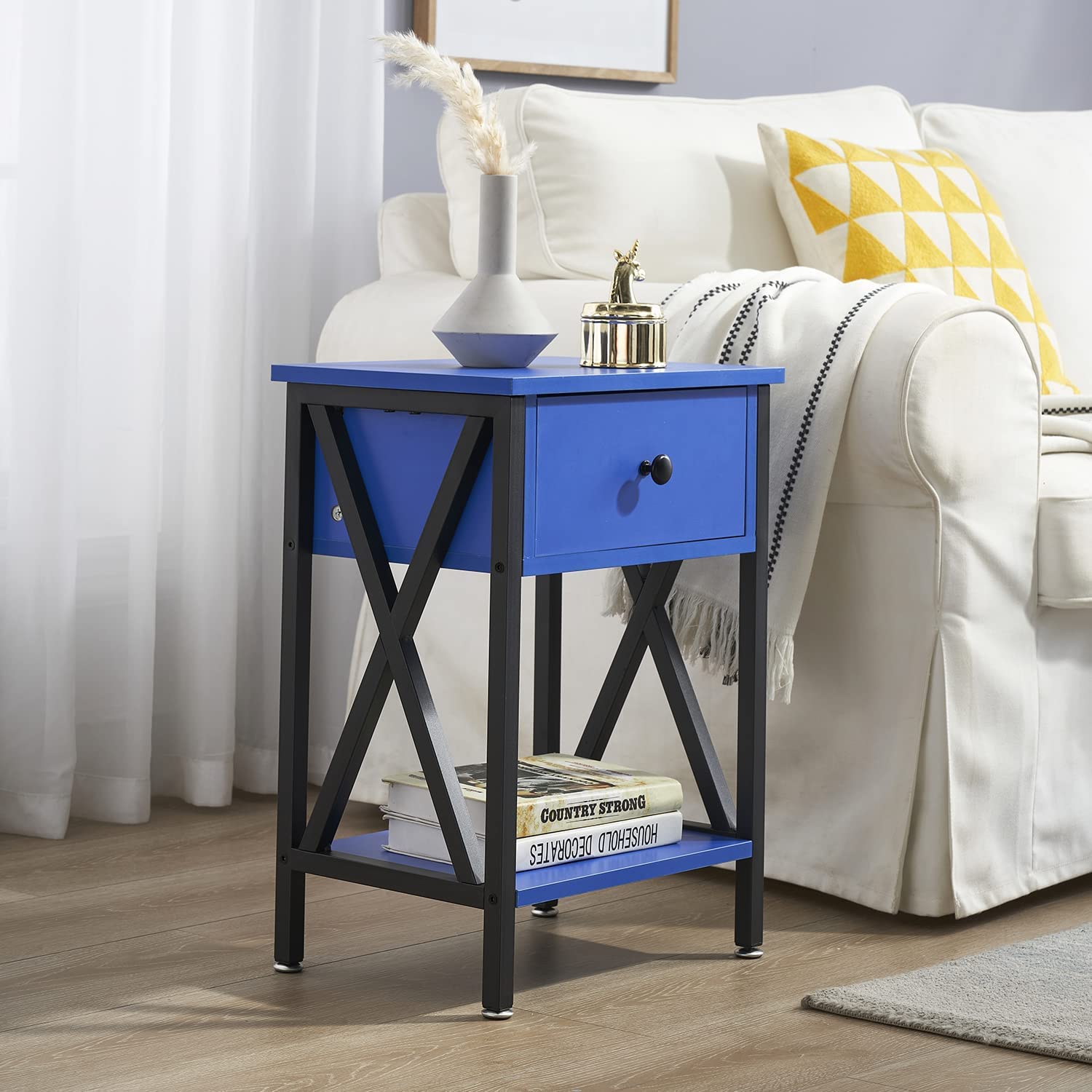 VECELO Night Stands Bedside End Table X-Design with Drawer&Storage Shelf for Living Room Bedroom, Nightstand with Drawer