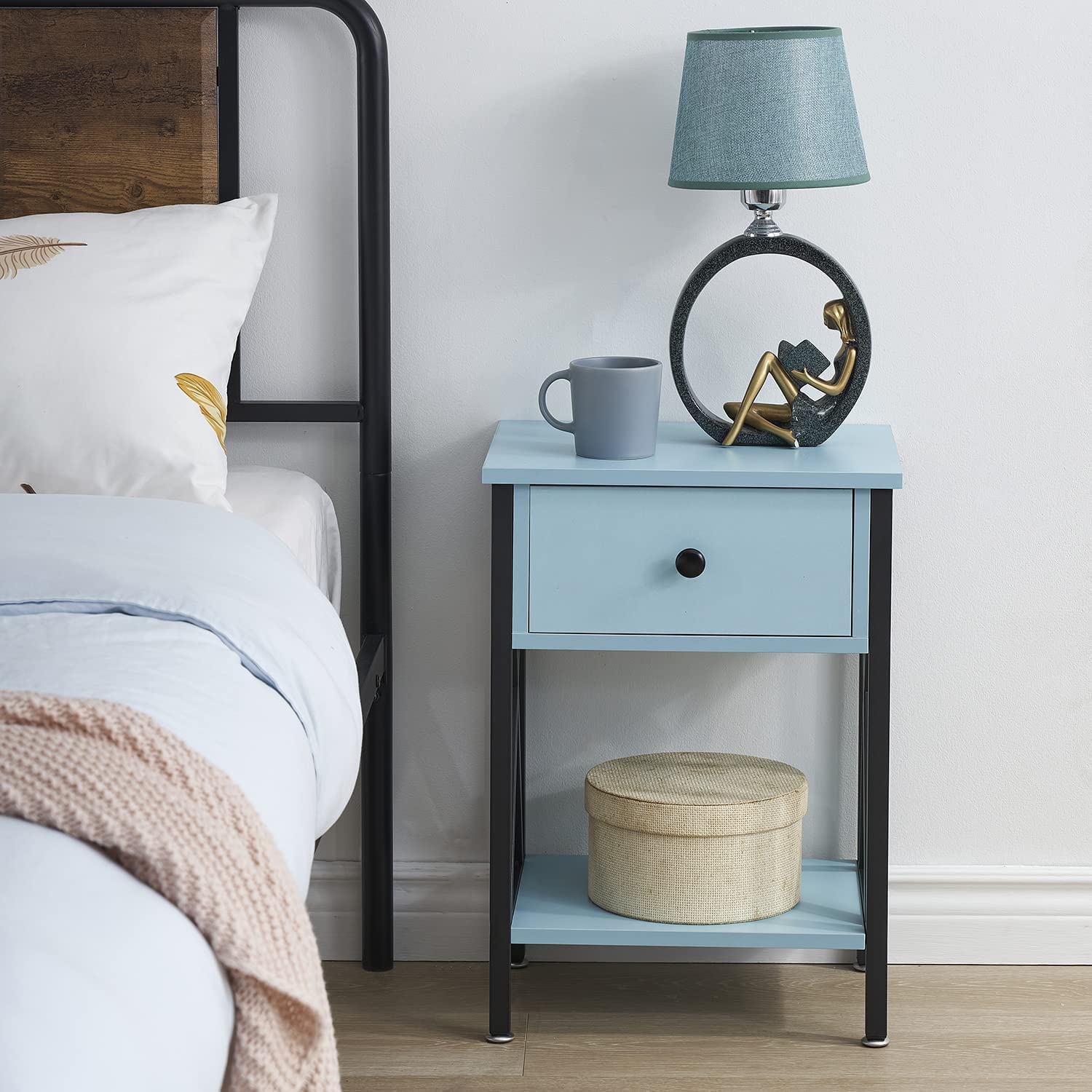 VECELO Night Stands Bedside End Table X-Design with Drawer&Storage Shelf for Living Room Bedroom, Nightstand with Drawer