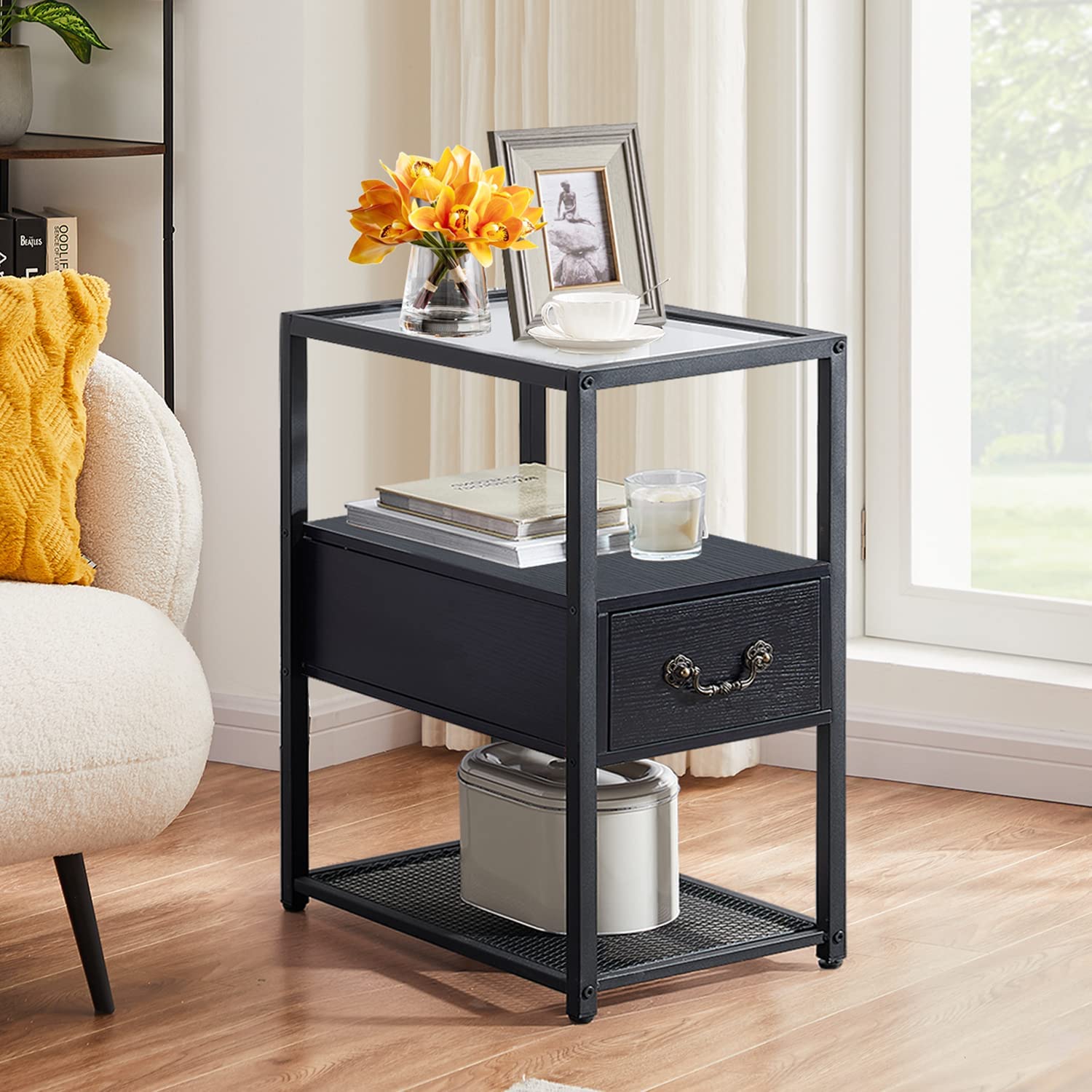 VECELO Narrow End Side Table Tall Nightstand with Drawer Shelf and Tempered Glass