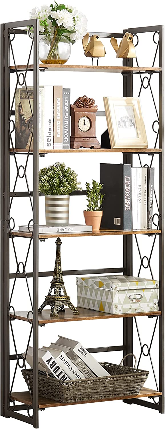 VECELO 5 Shelf Bookcase,No-Assembly Folding-Bookshelf,Industrial Standing Racks Study Organizer with Metal Frame & Wood Layer