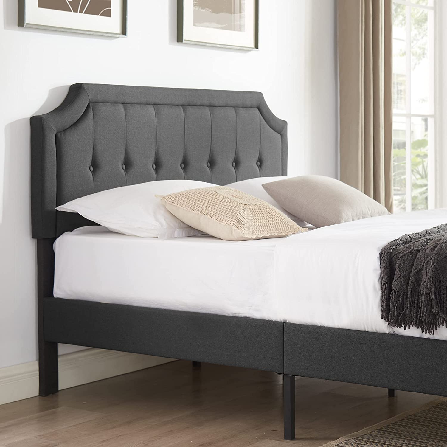 VECELO Grey Premium Upholstered Platform Bed Diamond Stitched Panel Headboard