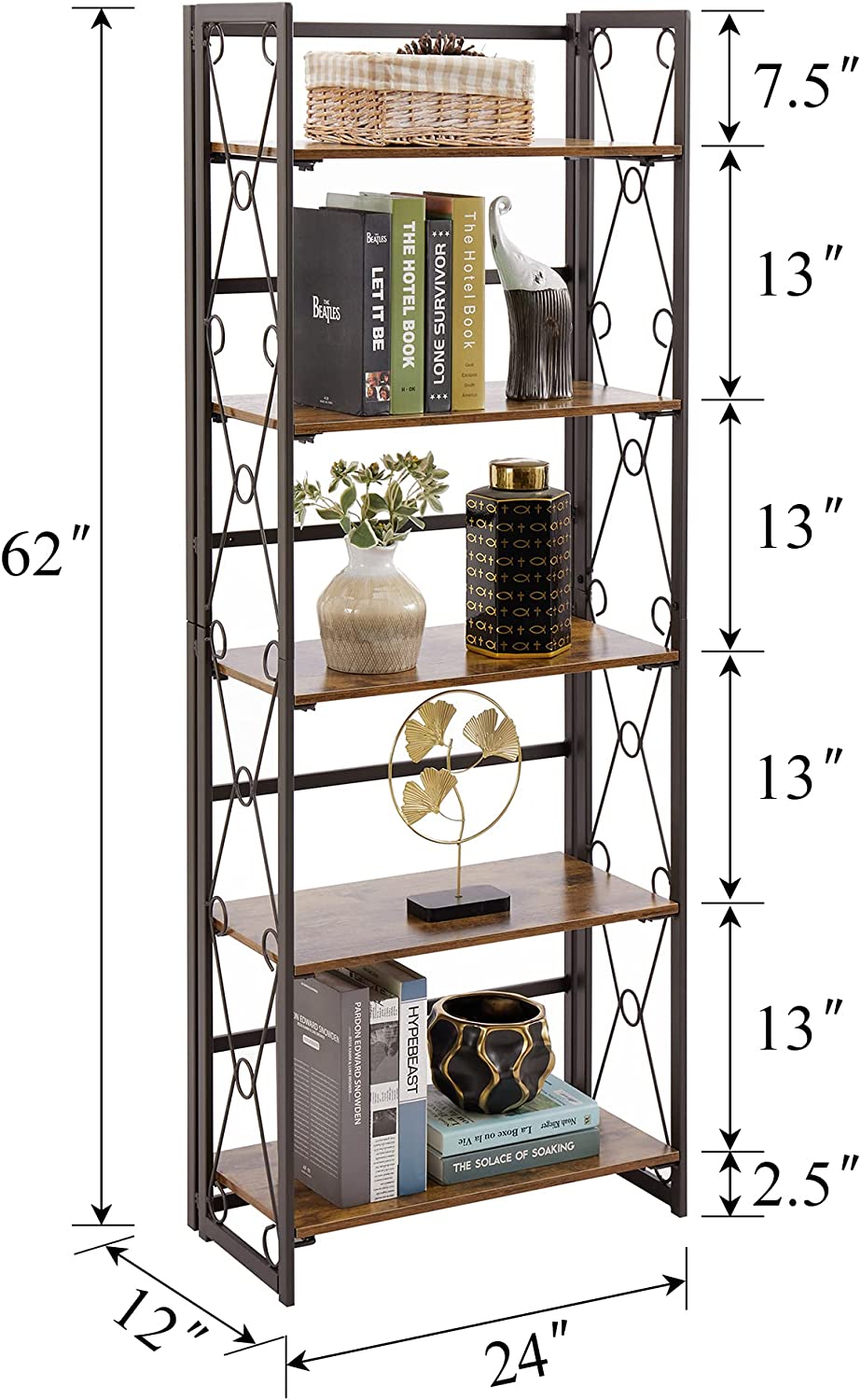 Wood & Metal Freestanding 5-Shelf Bookshelf 