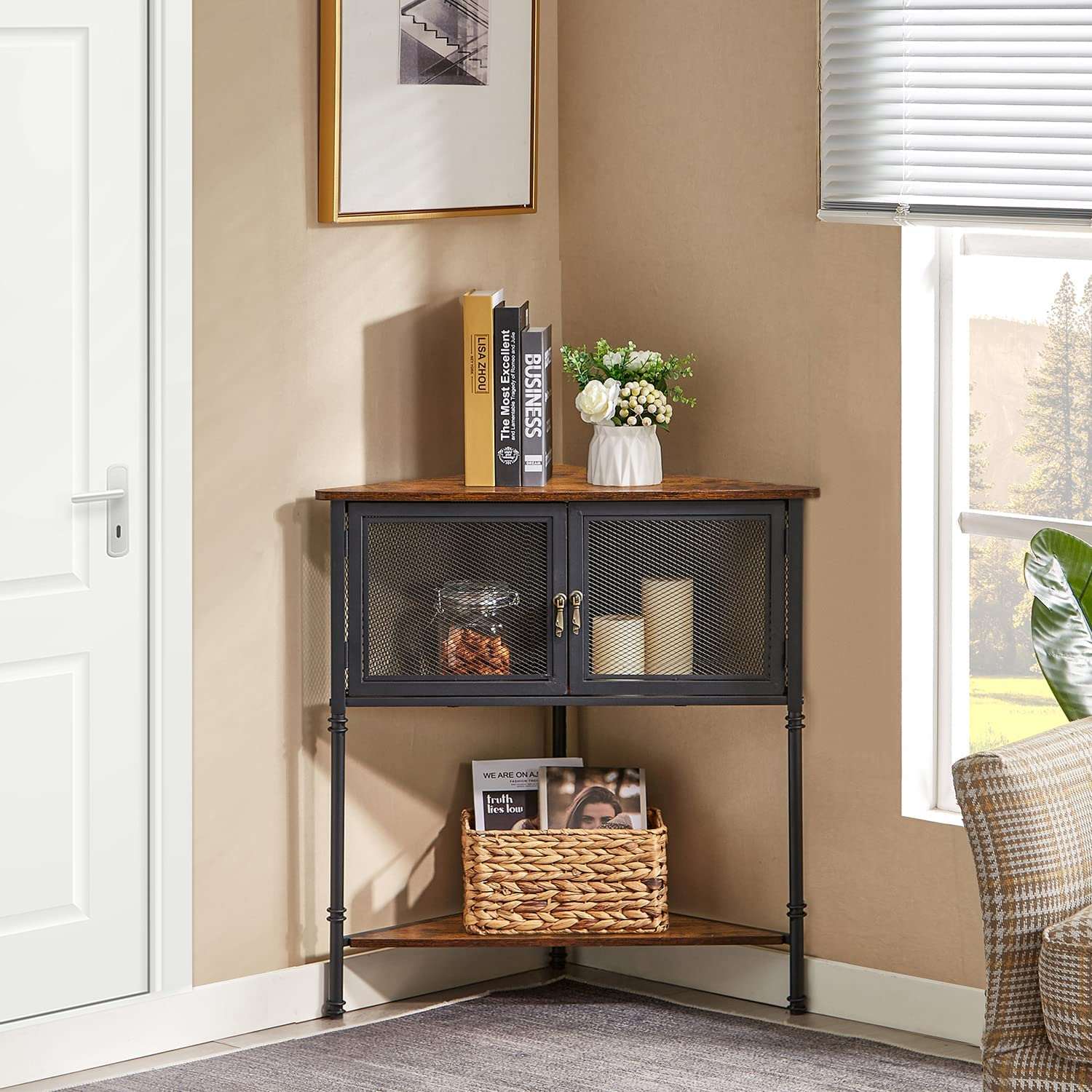 3-Tier Corner Shelf with Storage Cabinet