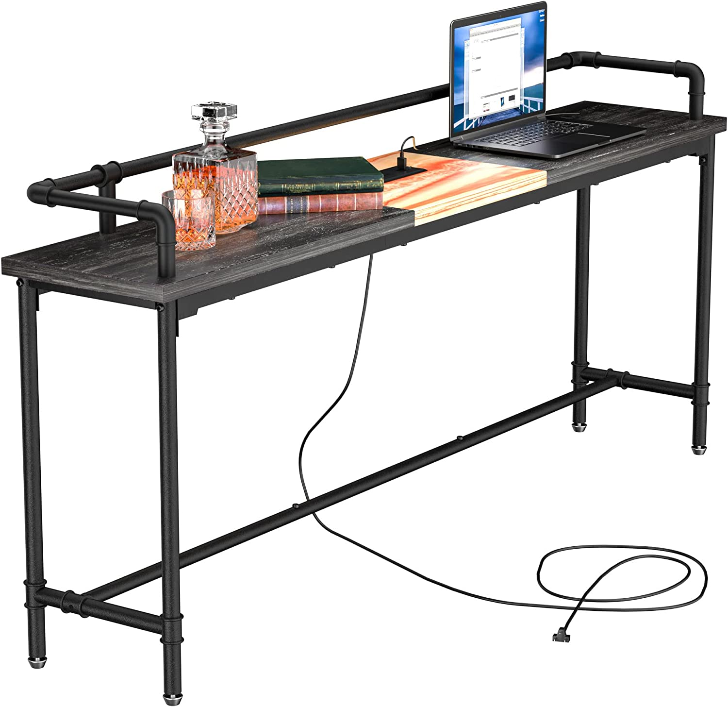 VECELO Extra Long Console/Sofa Table with Charging Station&Power Outlet, Narrow Industrial Behind Couch for Entryway,Hallway,Living Room