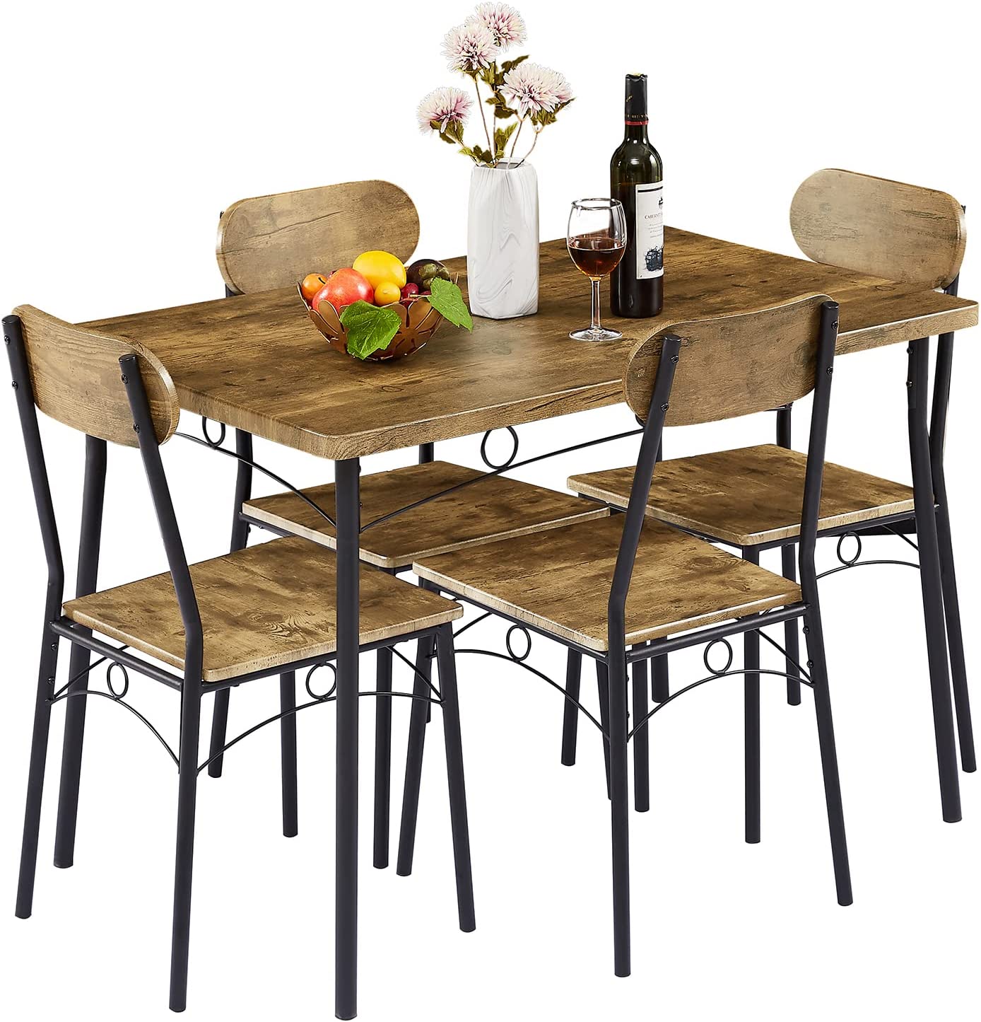 VECELO 5 Piece Dining Table Set Metal and Wood Rectangular Table with 4 Chairs for Breakfast Nook