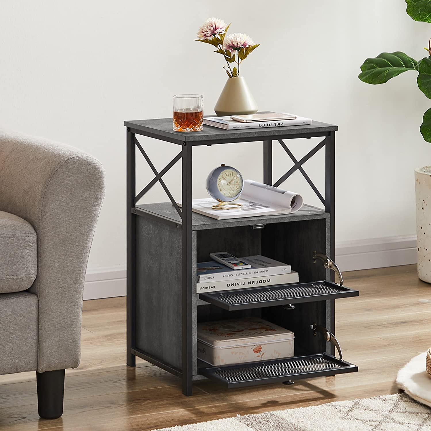 VECELO Modern Nightstand/End Side Table with Storage Space and Door with Flip Drawers for Bedroom, Living Room
