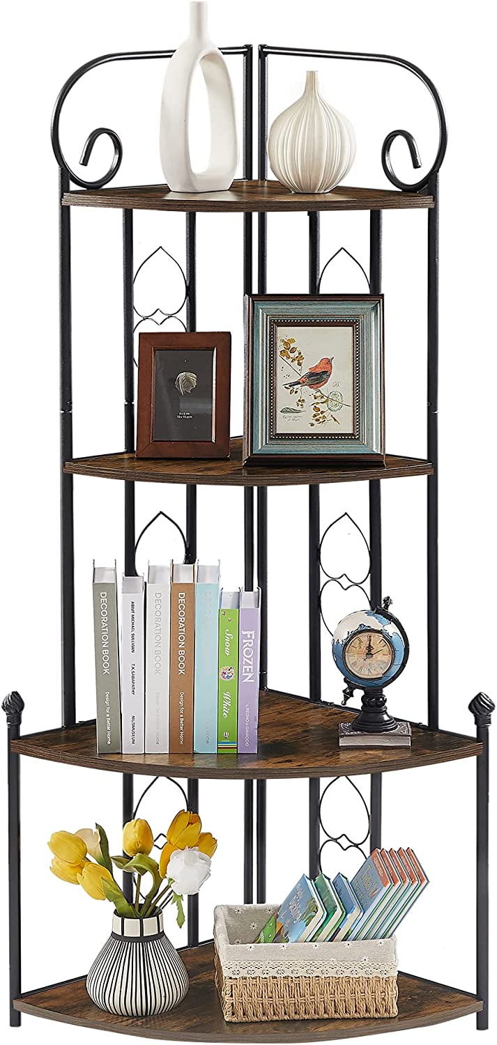 VECELO 4-Tier Ladder Corner Shelf with Metal Frame, Multipurpose Bookshelf Bookcase, Plant Stand & Storage Display Shelves for Living Room, Bedroom, Office