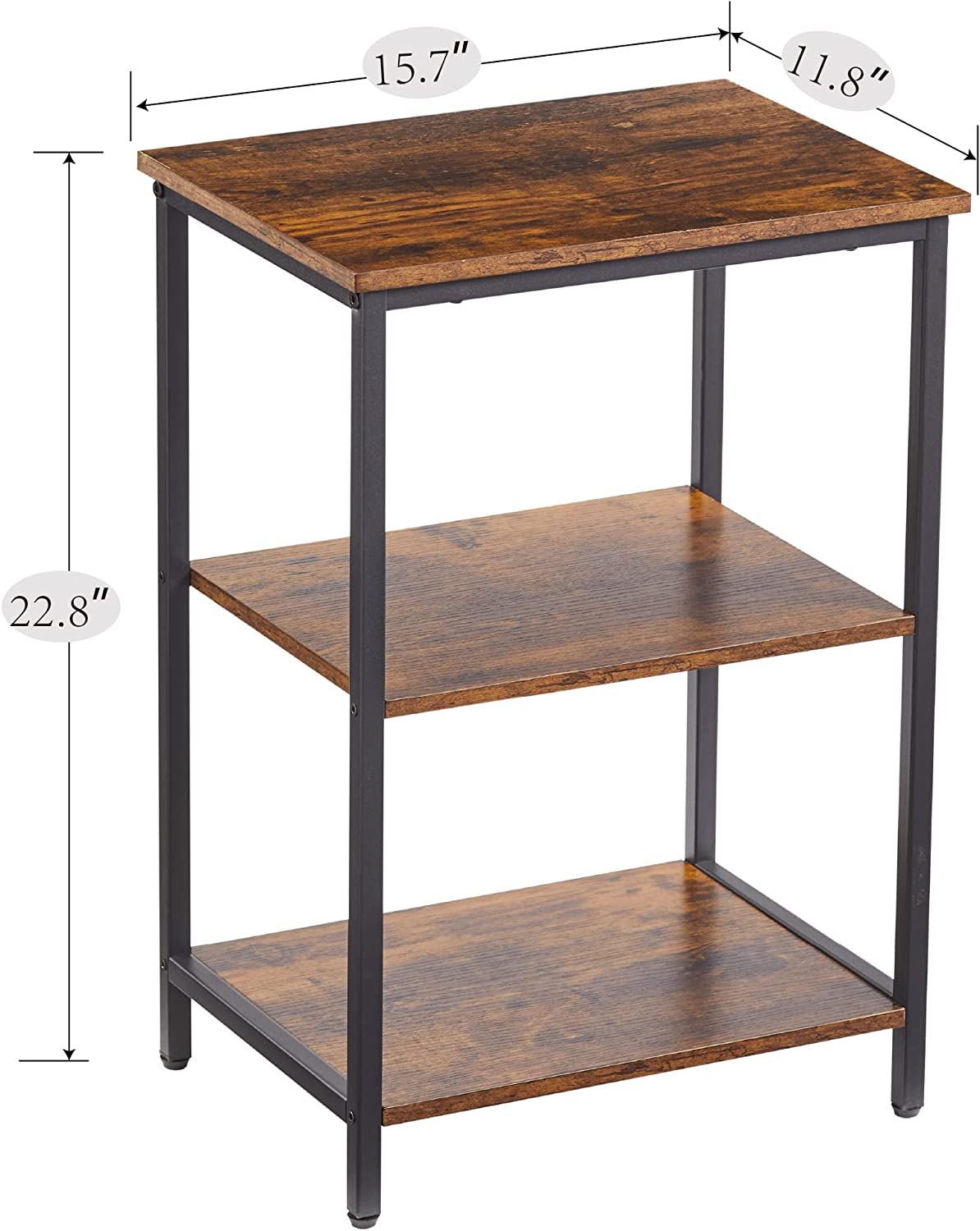 VECELO End Side Table with Storage Shelves Industrial Night Stand, 3-Tier Slim Nightstand for Living Room, Bedroom