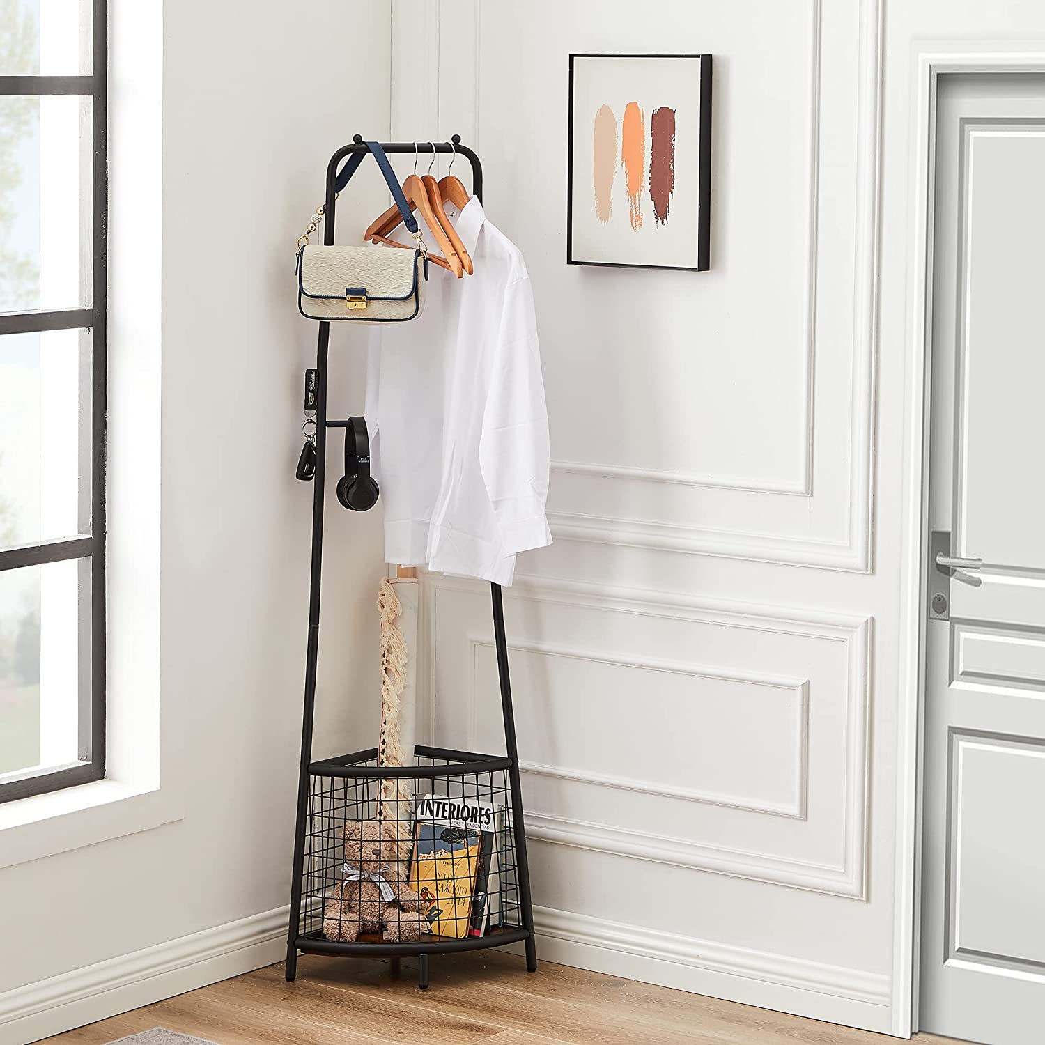 VECELO Freestanding Coat Rack with Metal Basket, Hall Trees with Steel Frame, Space Saving Cloth Hanger