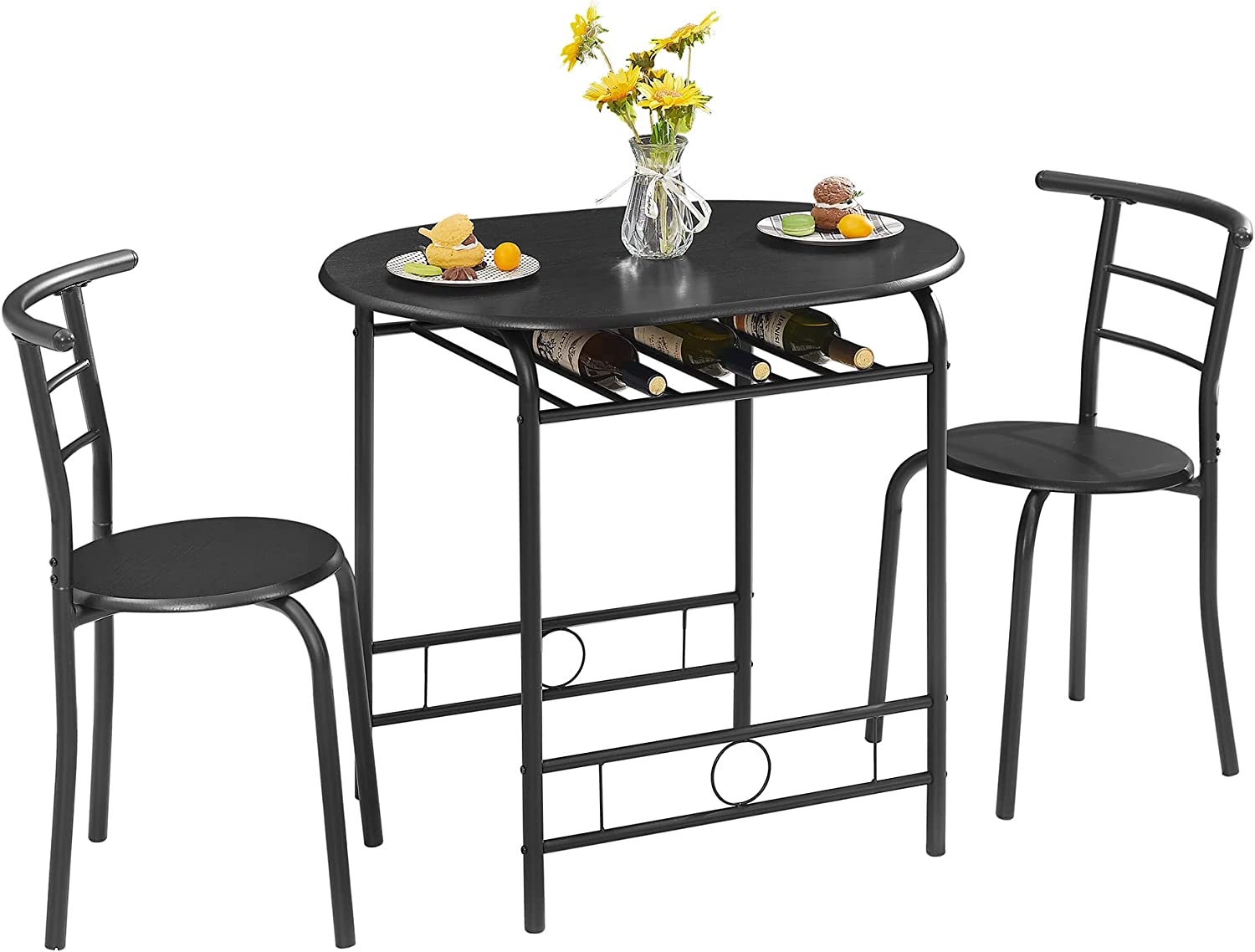 VECELO 3 Piece Small Round Dining Table Set for Kitchen Breakfast Nook, Wood Grain Tabletop with Wine Storage Rack
