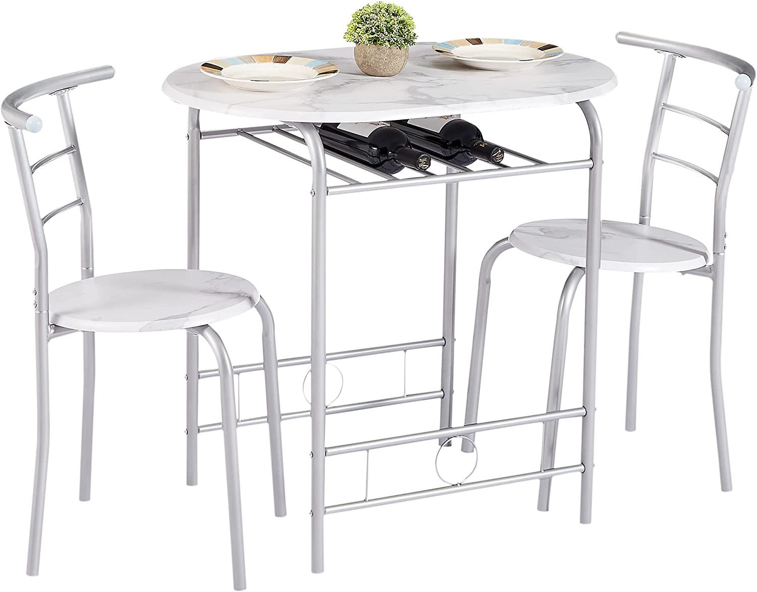 VECELO 3-Piece Dining Table Set/Round Tabletop & Chair for Kitchen