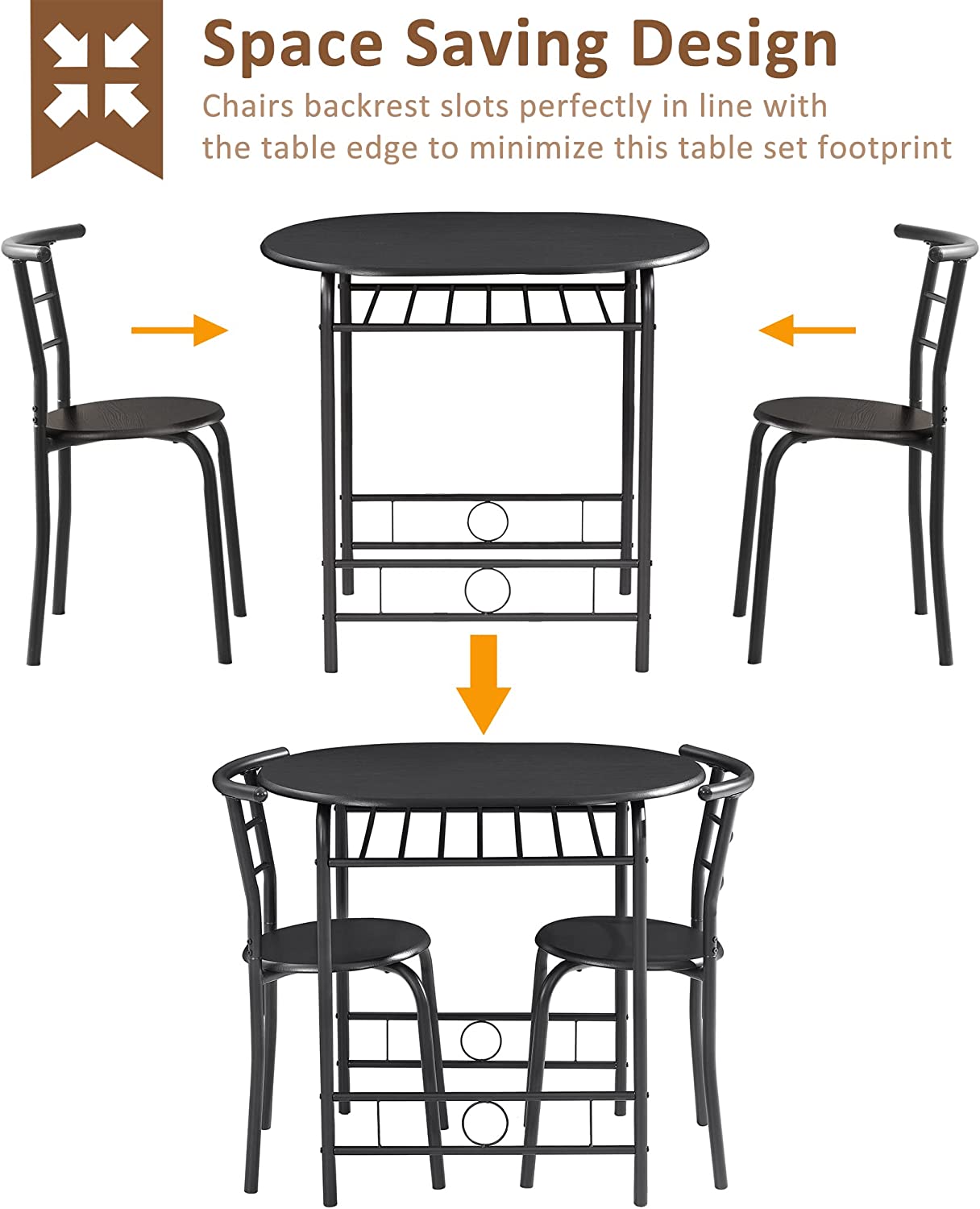 VECELO 3 Piece Small Round Dining Table Set for Kitchen Breakfast Nook, Wood Grain Tabletop with Wine Storage Rack
