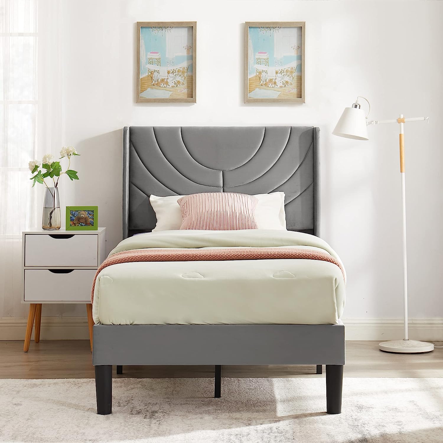VECELO Upholstered Platform Bed Frame with Adjustable Fabric Headboard, Twin/Full/Queen size