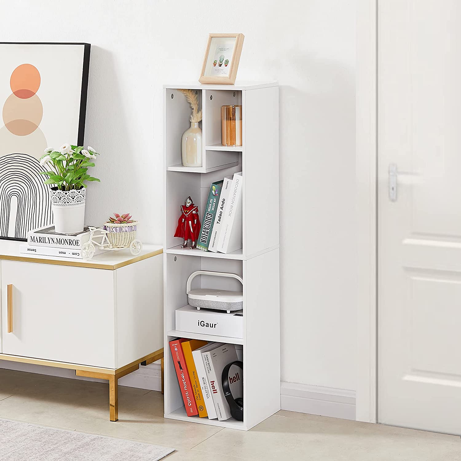VECELO Modern 3-Tier Small Bookcase, 4 Cube/5 Cube Bookshelf/Storage Organizer for Living Room,Bedroom,Home Office