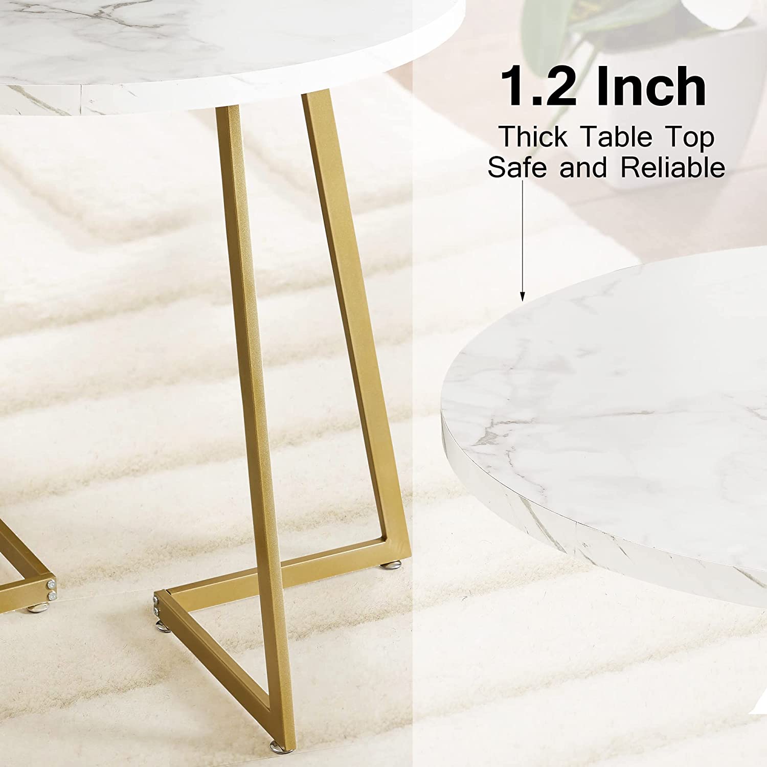 VECELO 3 Piece Kitchen Dining Room Set, Marbling Tabletop with Gold Steel Frame Round Table