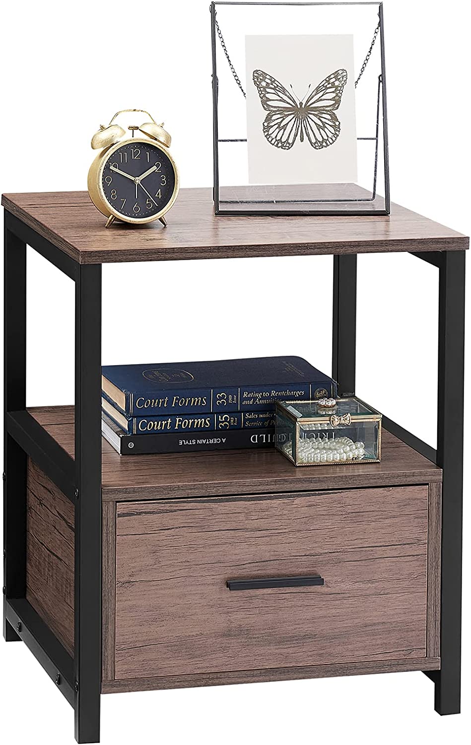 VECELO Nightstand/End/Bedside Table with Storage Drawer and Open Shelf with Steel Frame for Bedroom