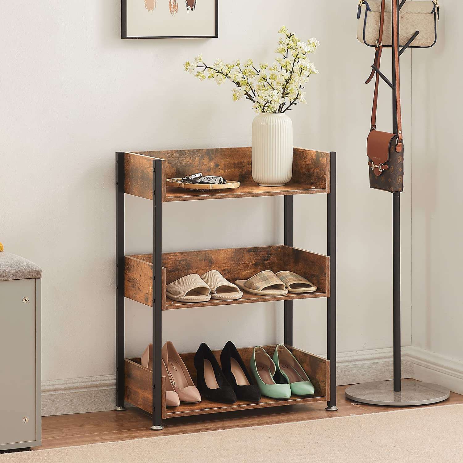 VECELO 3-Tier Bookcase,Small Storage Shelves,Industrial Shelving Unit - VECELO