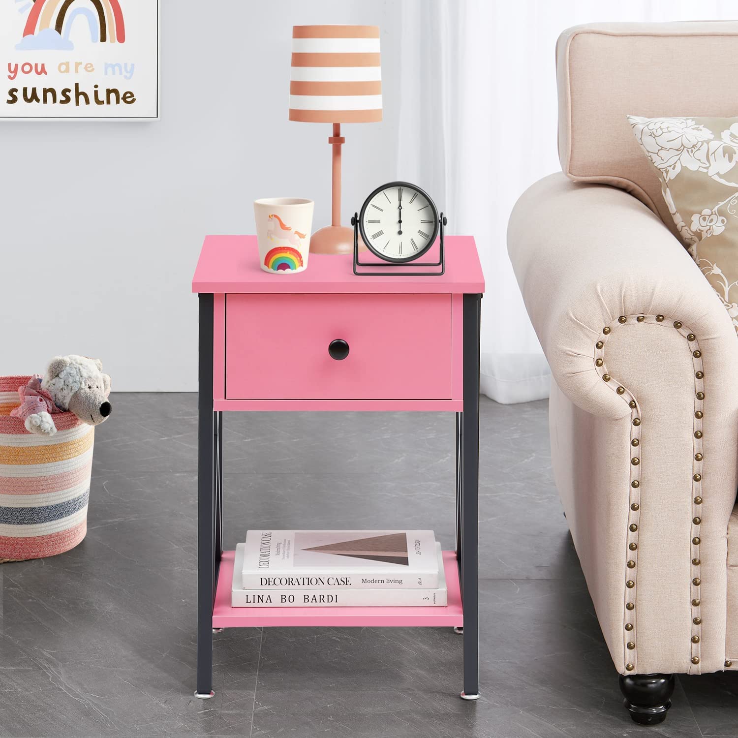 VECELO Night Stands Bedside End Table X-Design with Drawer&Storage Shelf for Living Room Bedroom, Nightstand with Drawer