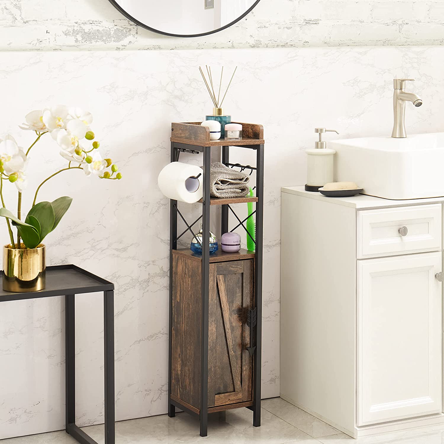 White Metal Bathroom Table Stand Storage Shelf with Dual Toilet Paper Holder