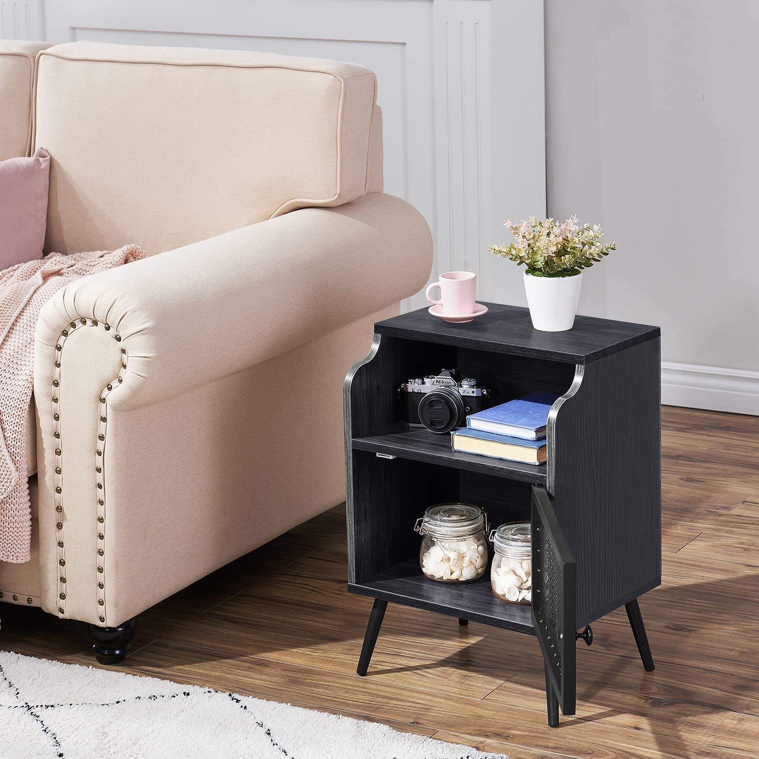 VECELO Nightstand with Storage Cabinet Industrial Bedside End Table with Open Drawer Shelf