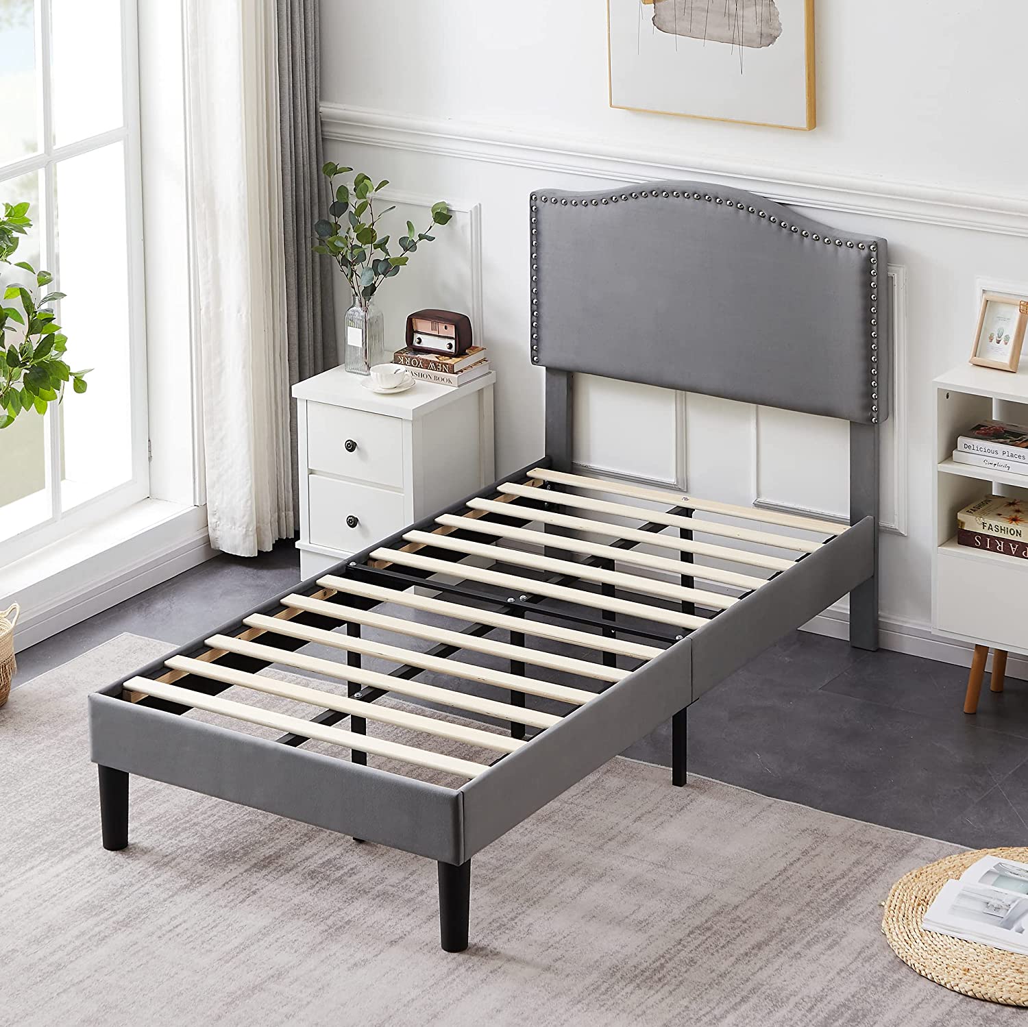 Bed Frame Platform with Upholstered Headboard