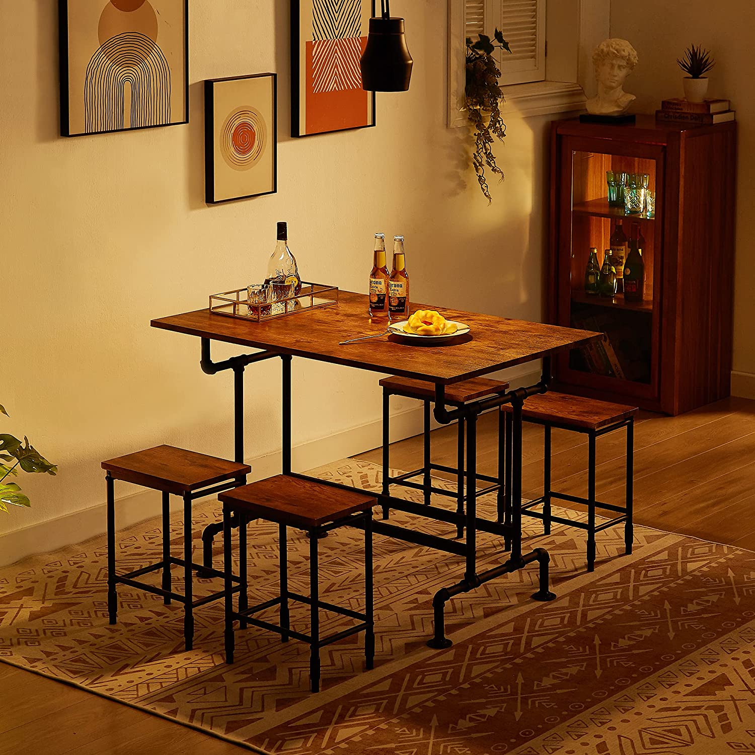 VECELO Farmhouse Dining Table Set for 4 Kitchen Industrial Bar Dinette with Rectangular Tabletop