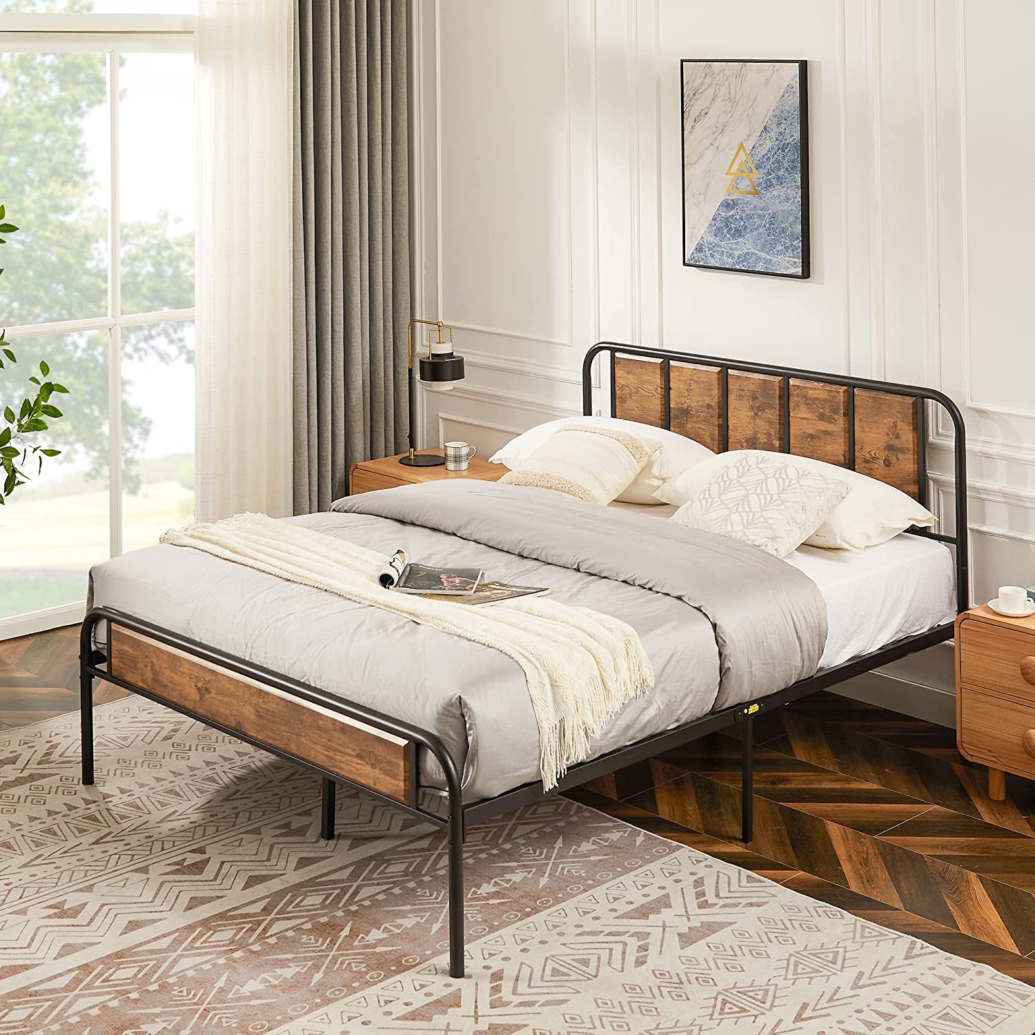 VECELO Bed Frame Metal Platform with Wooden Headboard Footboard Heavy Duty Mattress Foundation - VECELO