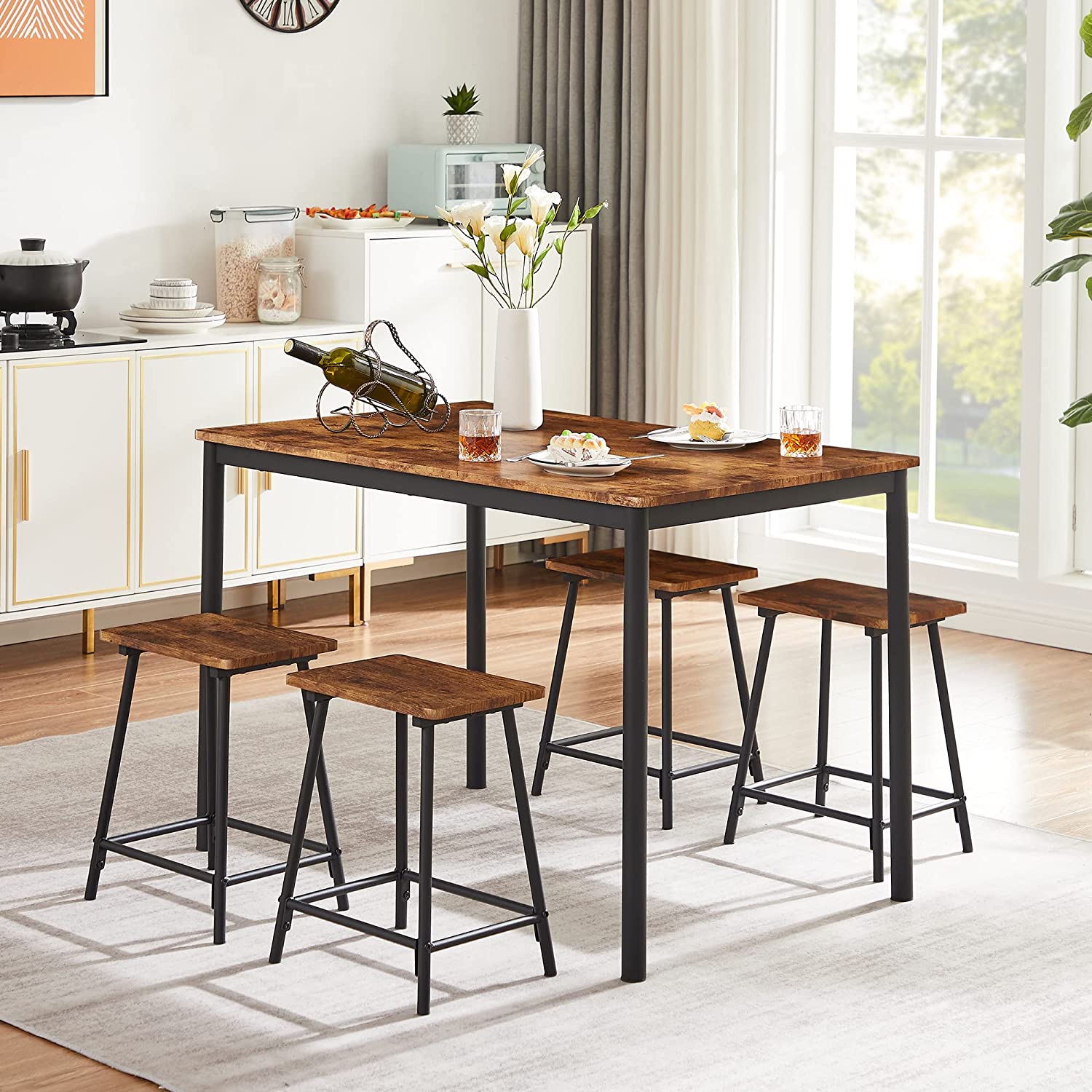 VECELO 5-Piece Dining Table Set Rectangular Bar Dinette Metal and Wood Kitchen Furniture with 4 Stools