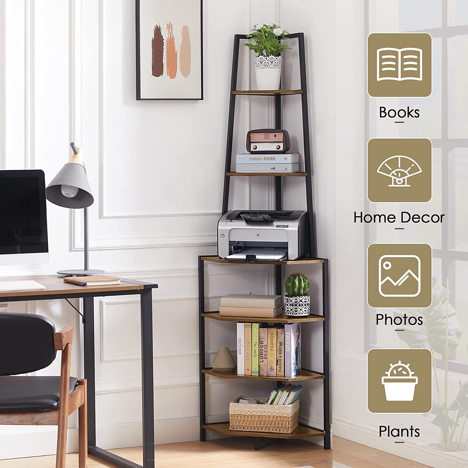 VECELO 6 Tier Corner Shelf, 69 Inch Industrial Bookshelf/Storage Stand with Metal Framefor Living Room, Bedroom, Home Office