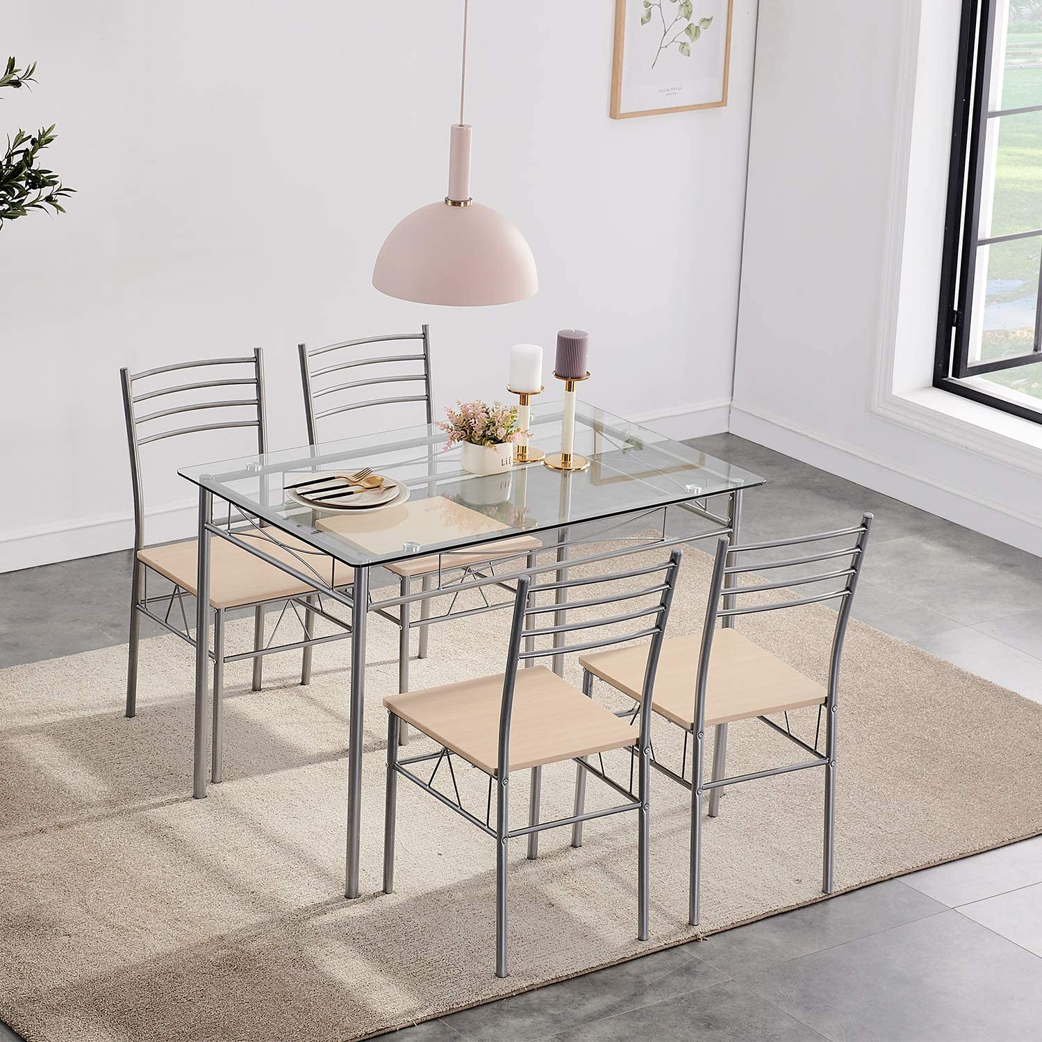 VECELO Dining Table Set with 4 Chairs