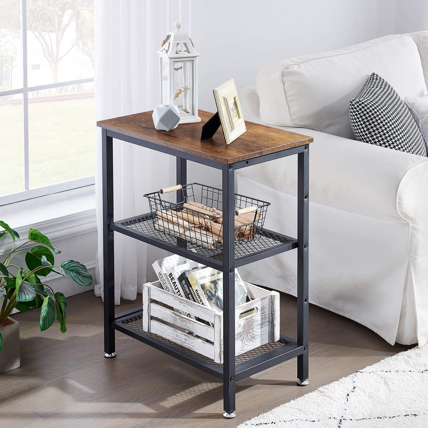  End Side Table 3-Layer Narrow Night Stand with Metal Frame