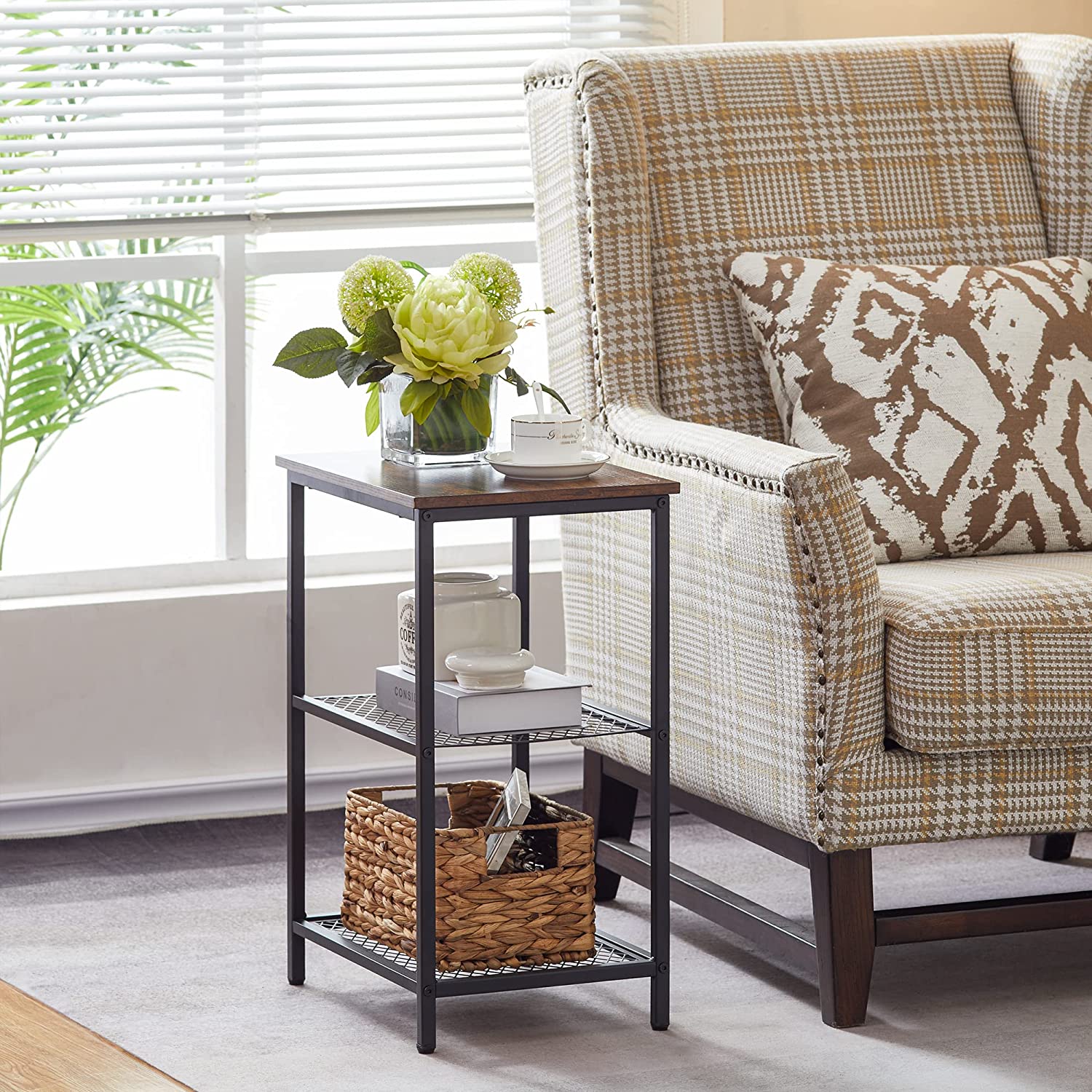 VECELO End Side Table with Storage Industrial Night Stand with Mesh Shelves