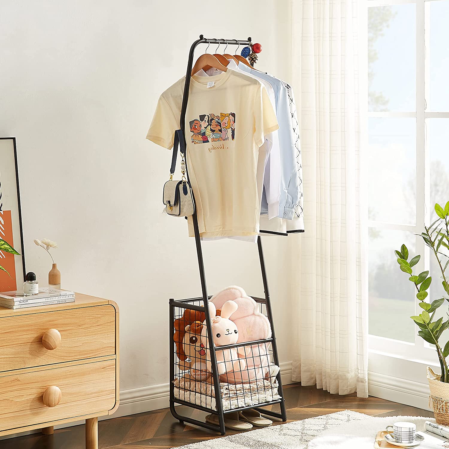VECELO Metal Coat Rack Stand with Anti-Drop Design, Space Saving Hall Trees with Steel Basket