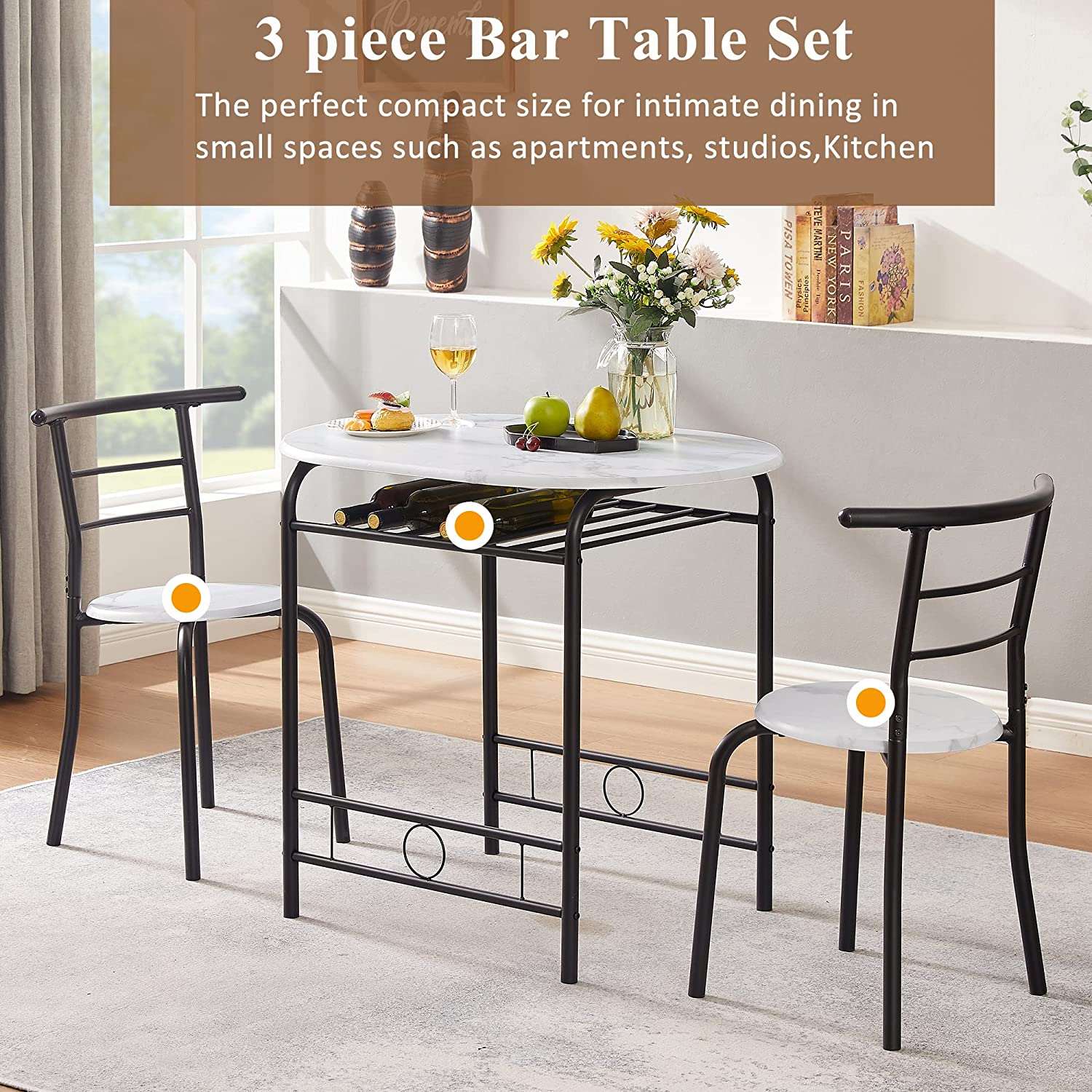 VECELO 3 Piece Small Round Dining Table Set for Kitchen Breakfast Nook, Wood Grain Tabletop with Wine Storage Rack