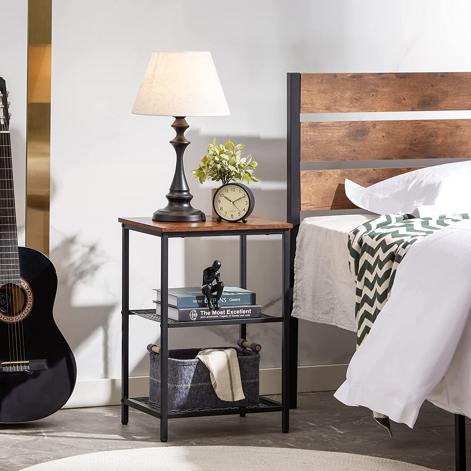 VECELO End Side Table with Storage Industrial Night Stand with Mesh Shelves