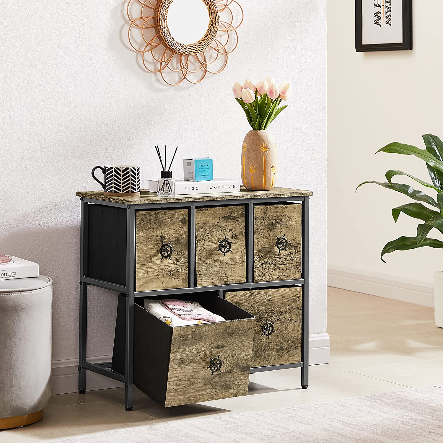 VECELO Dresser for Bedroom with 5 Fabric Drawers, Clothes Cabinet Storage Organizers and Wood Top Surface Table for Living Room, Hallway